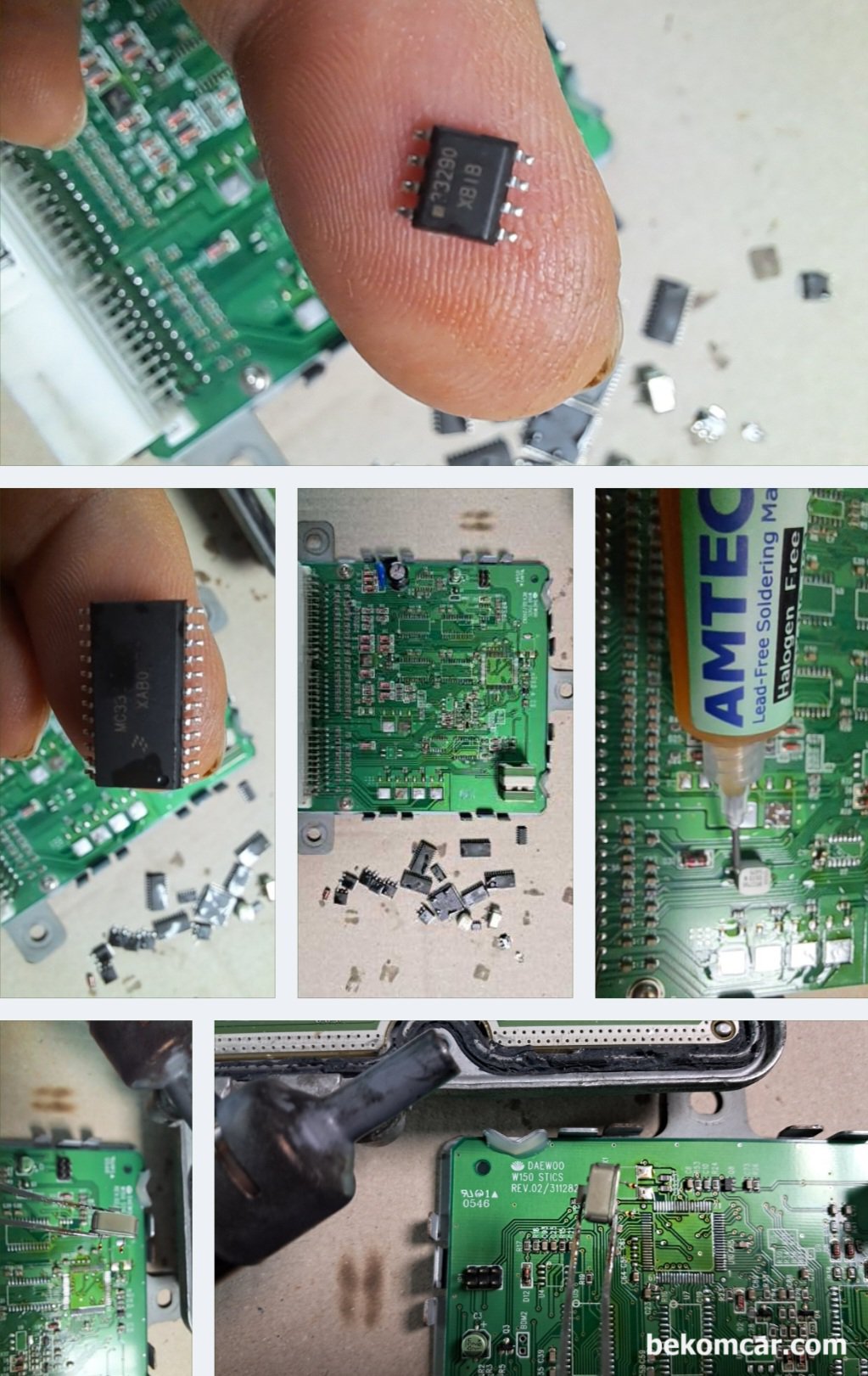 ECU, ECM, ABS Module, TCS등 각종 엔진전장 모듈 SMD 솔더링 실습과정 기록, SMD 타입의 반도체는 정말 작다. 그리고 작은 몸체에 지내처럼 가느다란 다리가 많이 달려있다. 이 것때문에 PCB에 납땜시 고도의 전문성이 필요하거나 아니면 SMD전용 납 땜 공구를 준비해서 작업해야 한다. AMTECH 이라는 솔더플럭스 역시 필수 준비사항이다. PCB에서 분리한 많은 반도체를 보면 정말 크기가 작다.|ベコムカー (bekomcar)