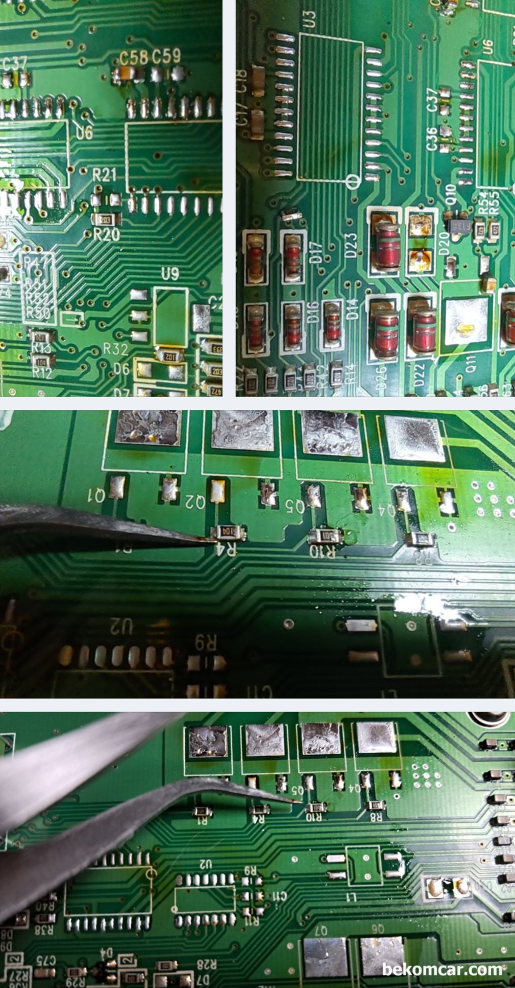 ECU, ECM, ABS Module, TCS등 각종 엔진전장 모듈 SMD 솔더링 실습과정 기록, 실제 눈에도 잘 안보이는 작은 저항칩 등을 분리해너 다시부착한 결과물이다. 아주 만족스럽다. PCb에 따라서 MOSFET등 분리가 잘 안되는경우도 있다.|ベコムカー (bekomcar)