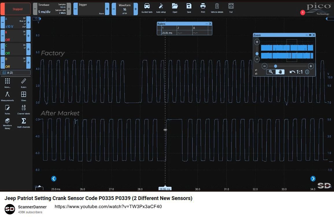 순정 OEM 센서와 에프터마켓 부품의 차이점 - Jeep Patriot 크랭크센서 사례, Jeep Patriot Setting Crank Sensor Code P0335 P0339
Source and Credit: https://www.scannerdanner.com/ https://www.youtube.com/watch?v=TW3Px3aCF40|ベコムカー (bekomcar)