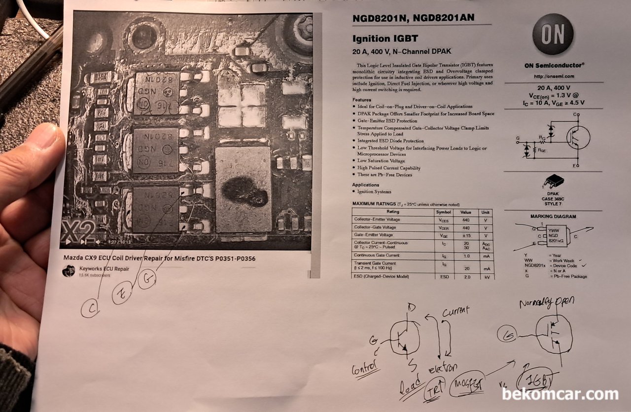 마즈다 CX9 ECU IGBT 구조이해 및 ECU정비시 참고자료, 마즈다 CX9 ECU IGBT 구조이해 및 ECU정비시 참고자료, 716 NGD8201N IGBT 부품이다. 점화코일 제어에 사용되는 일종의 스위치 이다.|베콤카 중고차구매진단