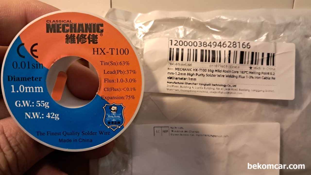 ECU수리할때 필수공구, 납땝 MECHANIC T12 Soldering Station, MECHANIC 솔더링 와이어이 HX-T100 이다. Tin 63%, Lead 37%, Flux 1.0~3.0% 정도이다. 와이어 지름은 1.0mm이다.|베콤카 중고차구매진단