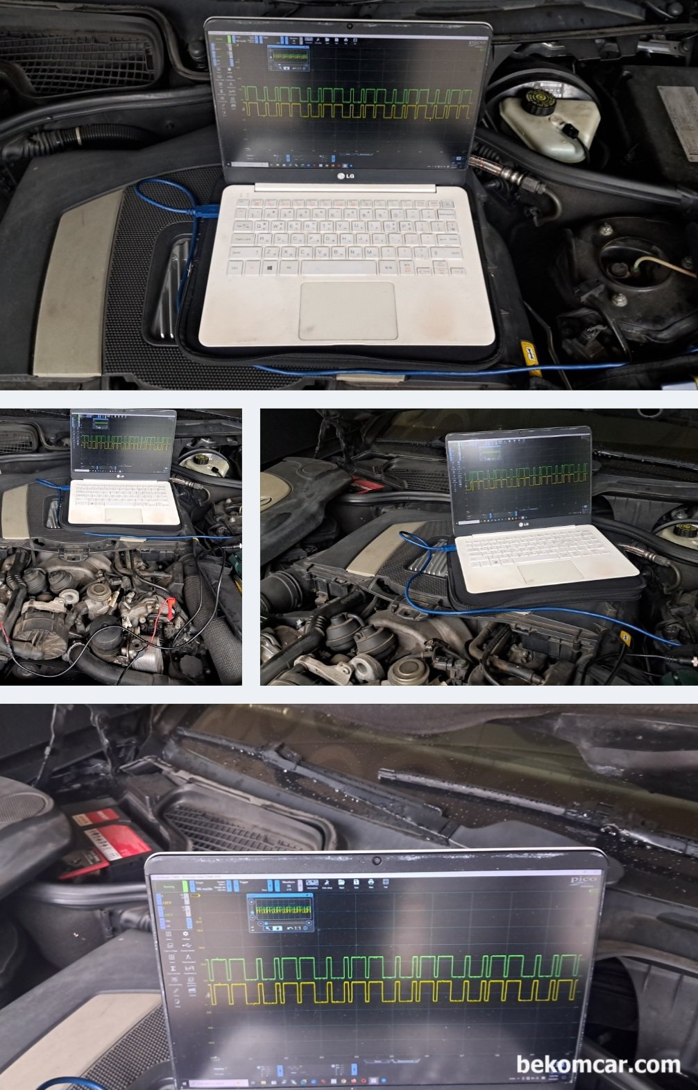 인테이크 캠새프트 포지션 고장진단, 벤츠 2008년 S550 V8, 벤츠 2008년 S550 V8 고장코드 '0744 무단계 캠샤프트 조절(좌측) 흠기 캠샤프트 잘못된 위치 그리고 고장코드 1211 좌측 직렬실린더의 흡기 캠샤픝를 계속해서 앞 쪽으로 조절' 파형 측정결과이다. 뱅크1 & 뱅크2 의 인테이크 캠 샤프트 위치가 정확히 일치한다. 정상이라는 의미이다.|بيكومكار (bekomcar)