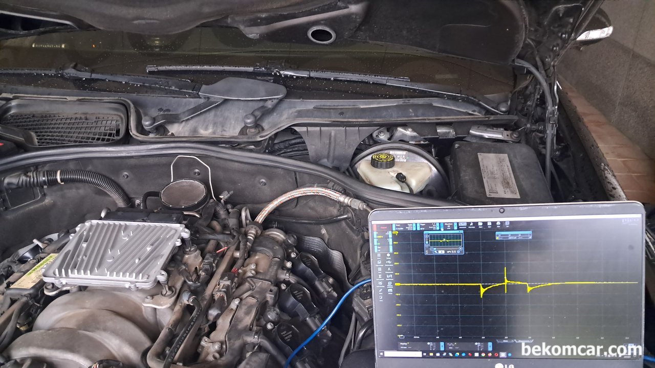 점화코일 점화플러그 파형분석, 2008년 벤츠 S550 V8, 벤츠 S550 V8 2008년 차량의 점화2차 파형분석과정이다. 점화플러그 작동시간 Burn Time은 1.5ms 넘게 측정된다. 정상이다. 점화시스템은 시동불량 원인이 아니다.|بيكومكار (bekomcar)