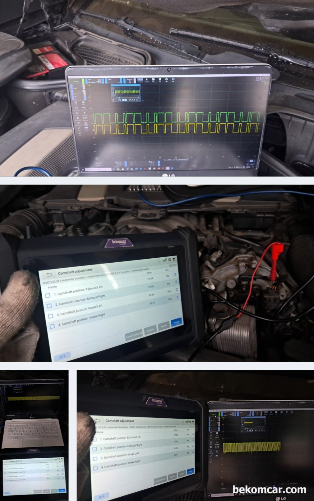 인테이크 캠새프트 포지션 고장진단, 벤츠 2008년 S550 V8, 벤츠 2008년 S550 V8 스코프로 파형 진단과정이다. 진단기상 고장코드 '0744 무단계 캠샤프트 조절(좌측) 흠기 캠샤프트 잘못된 위치 그리고 고장코드 1211 좌측 직렬실린더의 흡기 캠샤픝를 계속해서 앞 쪽으로 조절' 오실로스코프 파형 분석 과정이다.|بيكومكار (bekomcar)