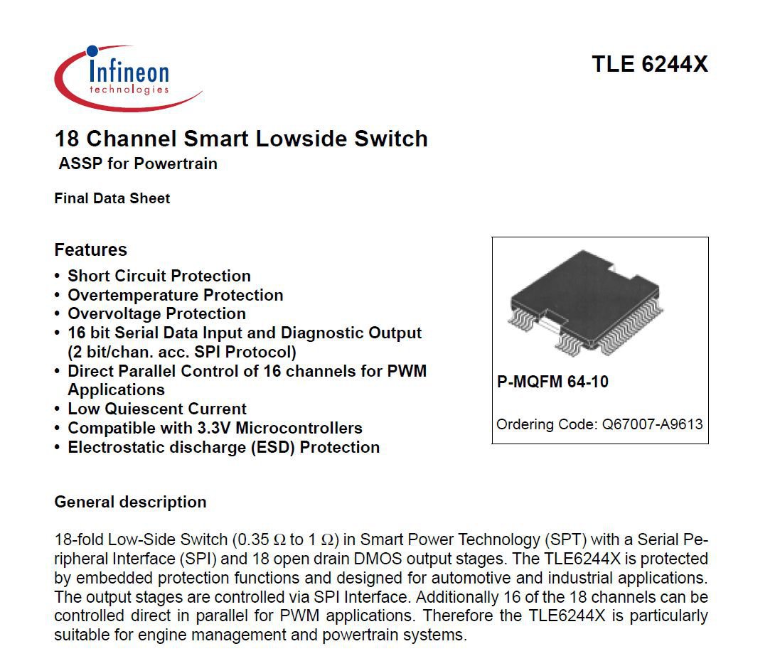 Infineon TLE 6244X, 18 Channel Smart Lowside Switch, '18 Channel Smart Lowside Switch ASSP for Powertrain TLE 6244X'.
Credit: Infineon Technologies|bekomcar.com