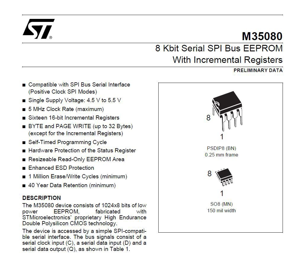 ST, M35080 8 Kbit Serial SPI Bus EEPROM, ST, M35080 8 Kbit Serial SPI Bus EEPROM. Source: ST M35080 Datasheet|贝科姆汽车 (bekomcar)