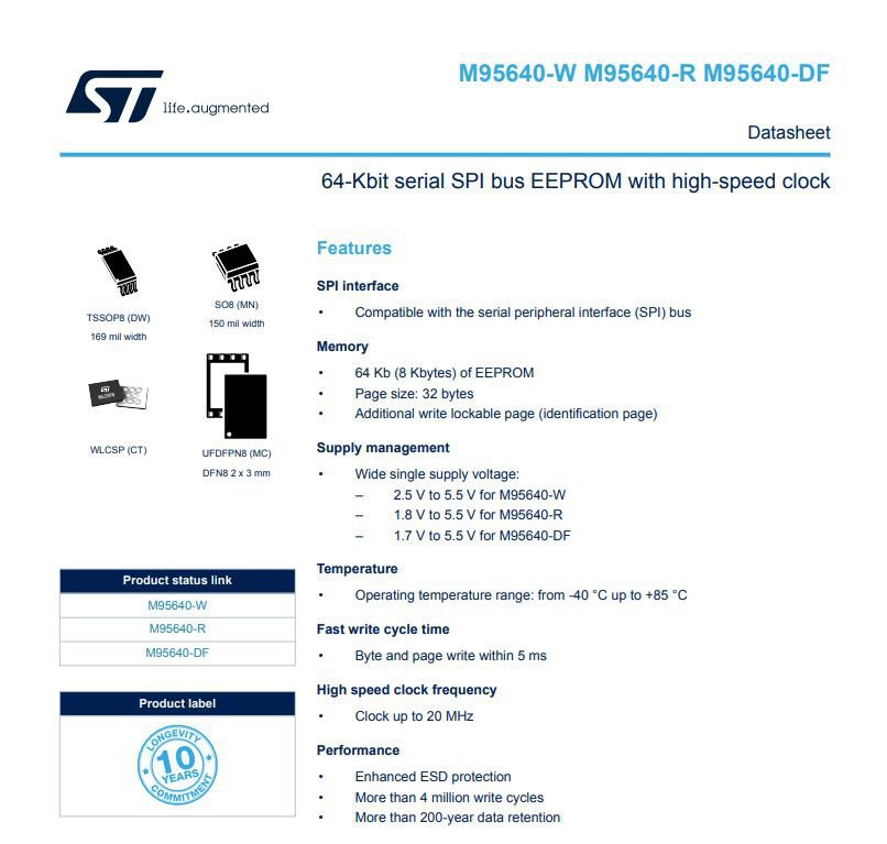 포드 익스플로러등 ECU에 많이 사용되는 ST M95640 EEPROM, 기록으로 남긴다 포드차량에 많이 사용되는 ST M95640 EEPROM 이다. EEPROM은 자동차 엔진컴퓨터 ECU의 차대번호 키 등록정보등 저장장치이다. Credit & 자세한 정보는 https://www.st.com/resource/en/datasheet/m95640-df.pdf 를 참고한다.|بيكومكار (bekomcar)
