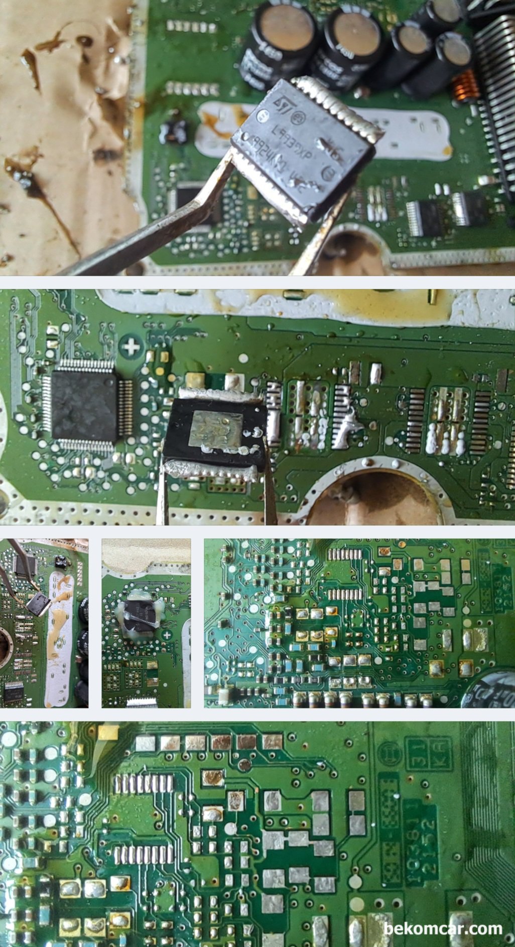 ECU SMD 칩 디솔더링 과 위그 작업등 기록, ECU에서 칩 을 분리후에 위그를 이용해서 SMD 납 땜을 위하여 깨끗히 정리해준다. 쉬워 보여도 사실상 생각많큼 쉽지는 않다.|بيكومكار (bekomcar)