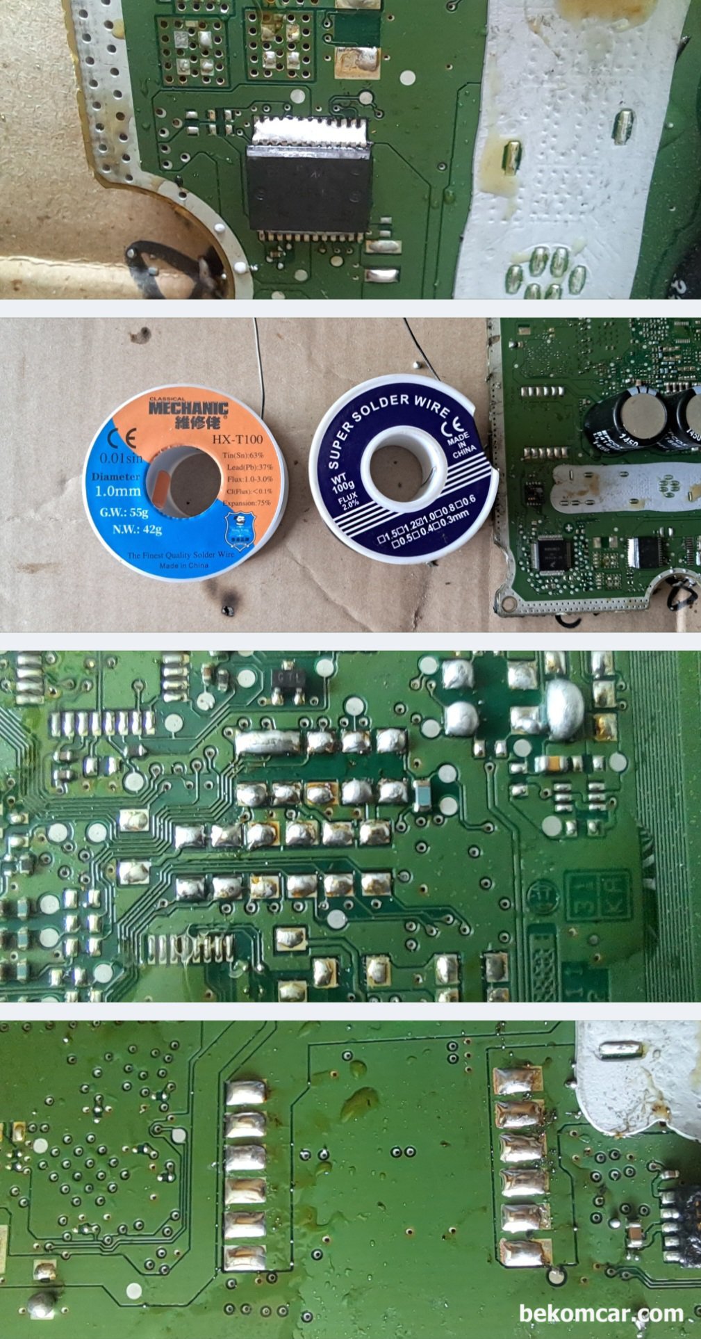 ECU SMD 칩 디솔더링 과 위그 작업등 기록, 좋아하는 MECHANIC 브랜드 납 땜 와이어 이다. 일반 납 땜 와이어 와 품질이 완전히 다르다. 칩 제거후 땜 부분 정리하고 열풍기 이용하여 SMD 칩 장착을 하기위하여 솔더링 팁 을 한 상태이다.|بيكومكار (bekomcar)