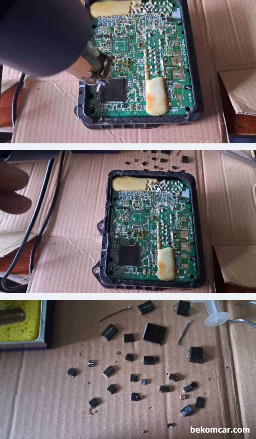폭스바겐 3D0 909 137 F 5WK48505A & Honda ABS Module ECU PCB, ABS모듈의 SMD 칩들을 분리하고 있다. EEPROM등 스왑시에도 필요한 작업과정이다. 거의다 SMD 형태로, 상당한 경험이 없이 ECU PCB 작업하다 실 수 할 수 있기에 충분한 연습이 필요하다.|بيكومكار (bekomcar)