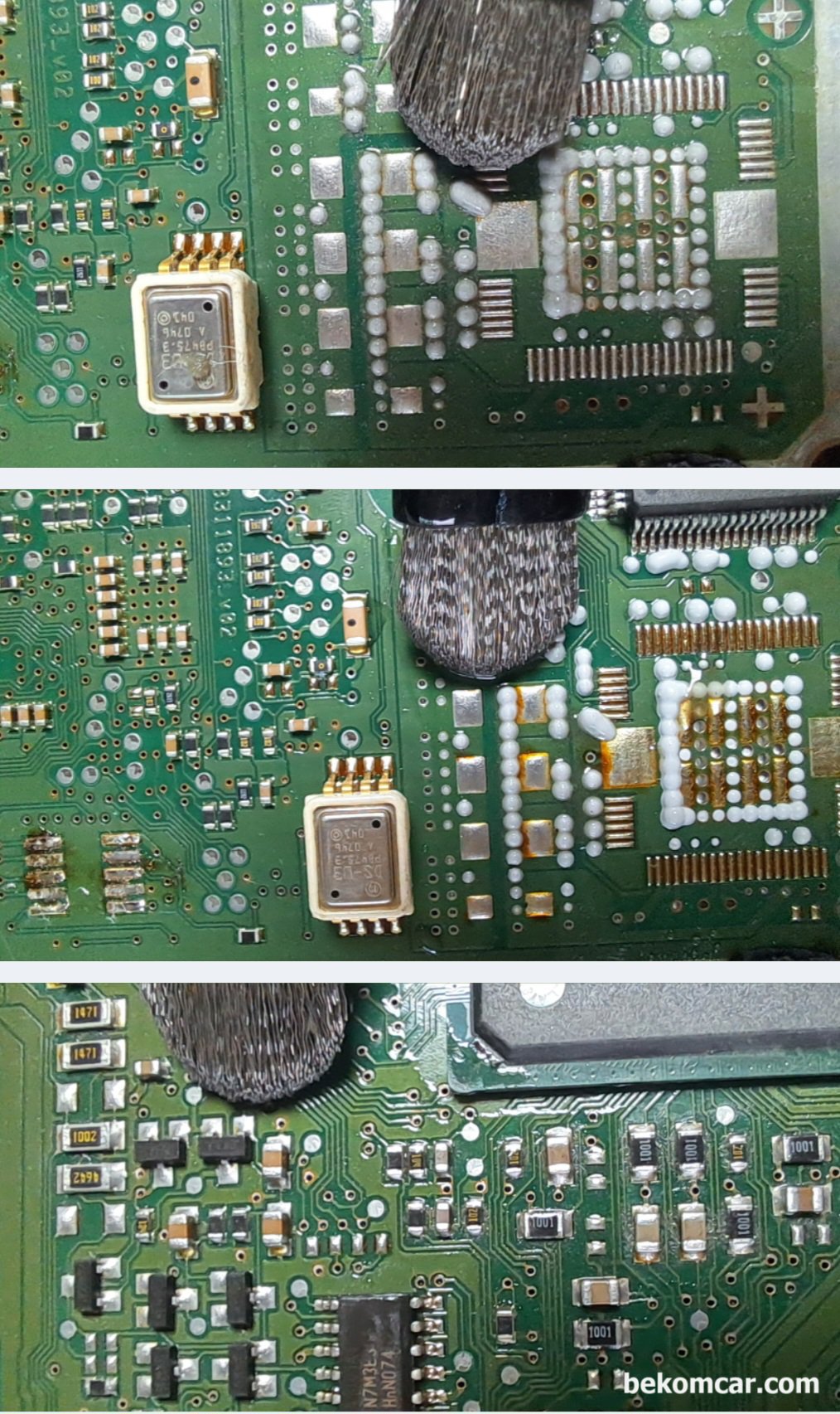 ECU 수리할때 PCB에 유분기등 냉간시 열간시 작동불량 점검, ME9.7 ECU  PCB 납땜 부분에 엔진오일로 추정되는 유분기가 많이 묻어있다. 알콜과 전용 브러시로 PCB 손상없이 깨끗히 청소해준다.|bekomcar.com