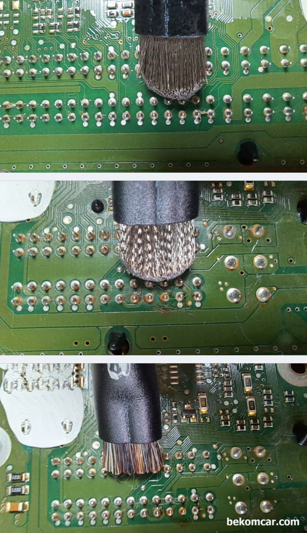 ECU 수리할때 PCB에 유분기등 냉간시 열간시 작동불량 점검, ME9.7 ECU PCB 청소를 한다. PCB 와이어 트레이스에 엔진오일로 추정되는 이물질이 많이 있다. 알콜과 전용 브러시로 깨끗히 청소해준다.|bekomcar.com