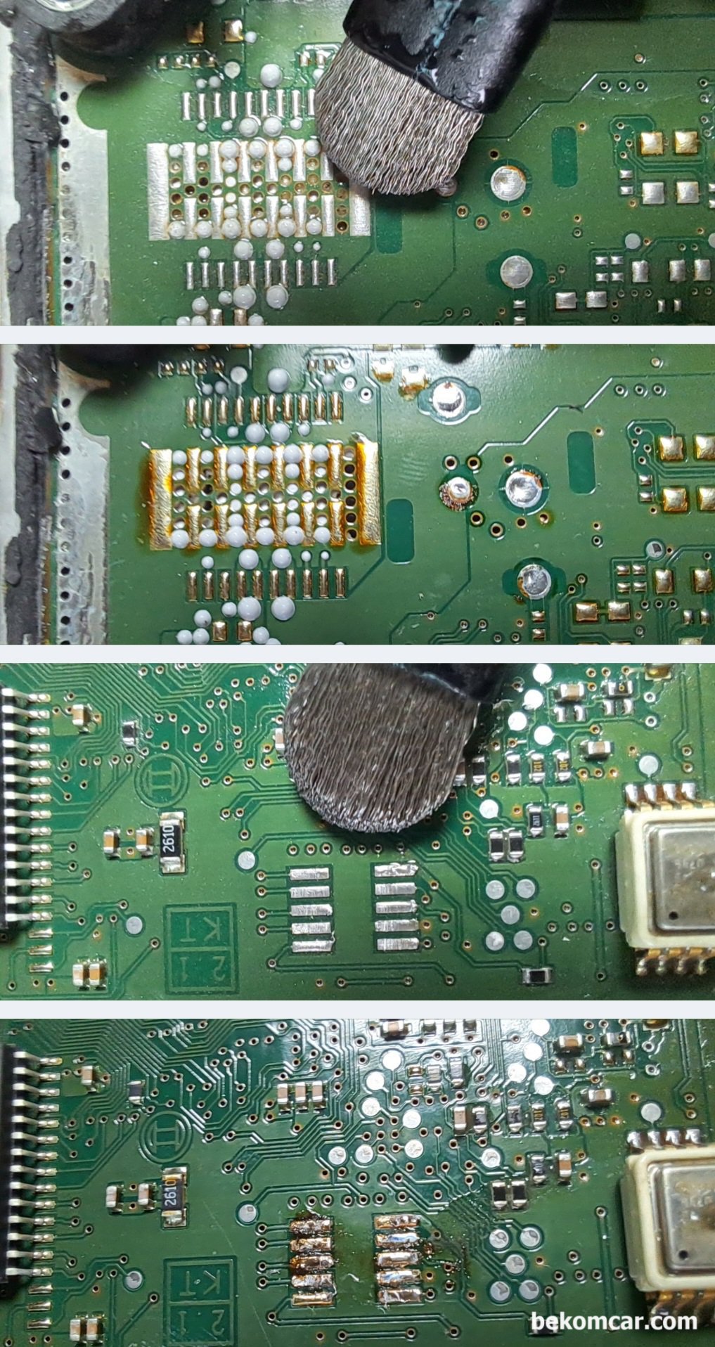 ECU 수리할때 PCB에 유분기등 냉간시 열간시 작동불량 점검, ME9.7 ECU  PCB 납땜 부분에 엔진오일로 추정되는 유분기가 많이 묻어있다. 알콜과 전용 브러시로 PCB 손상없이 깨끗히 청소해준다.|bekomcar.com