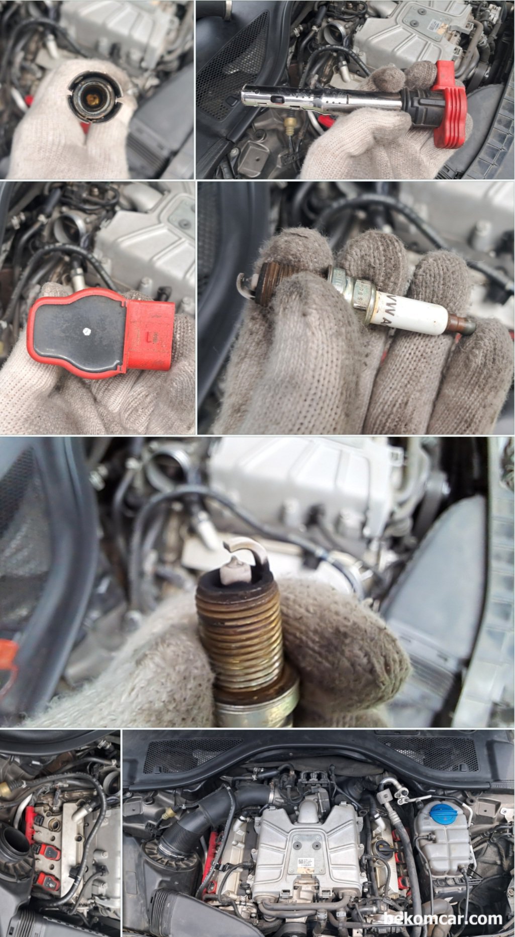 아우디 2012년 A7 3.0t 뱅크1 캠새프트 타이밍 진각상태 'P052A' 육안점검, 아우디 2012년 A7 3.0t TFSI 고장코드중에서 뱅크1 캠새프트 타이밍 진각상태 'P052A00' 육안점검 기록이다. 점화코일은 재 사용, 점화플러그 는 교체시점, 점화코일 에 점 이 1나로 된것이 3번 실린더에 꼽혀있다.|بيكومكار  (bekomcar)
