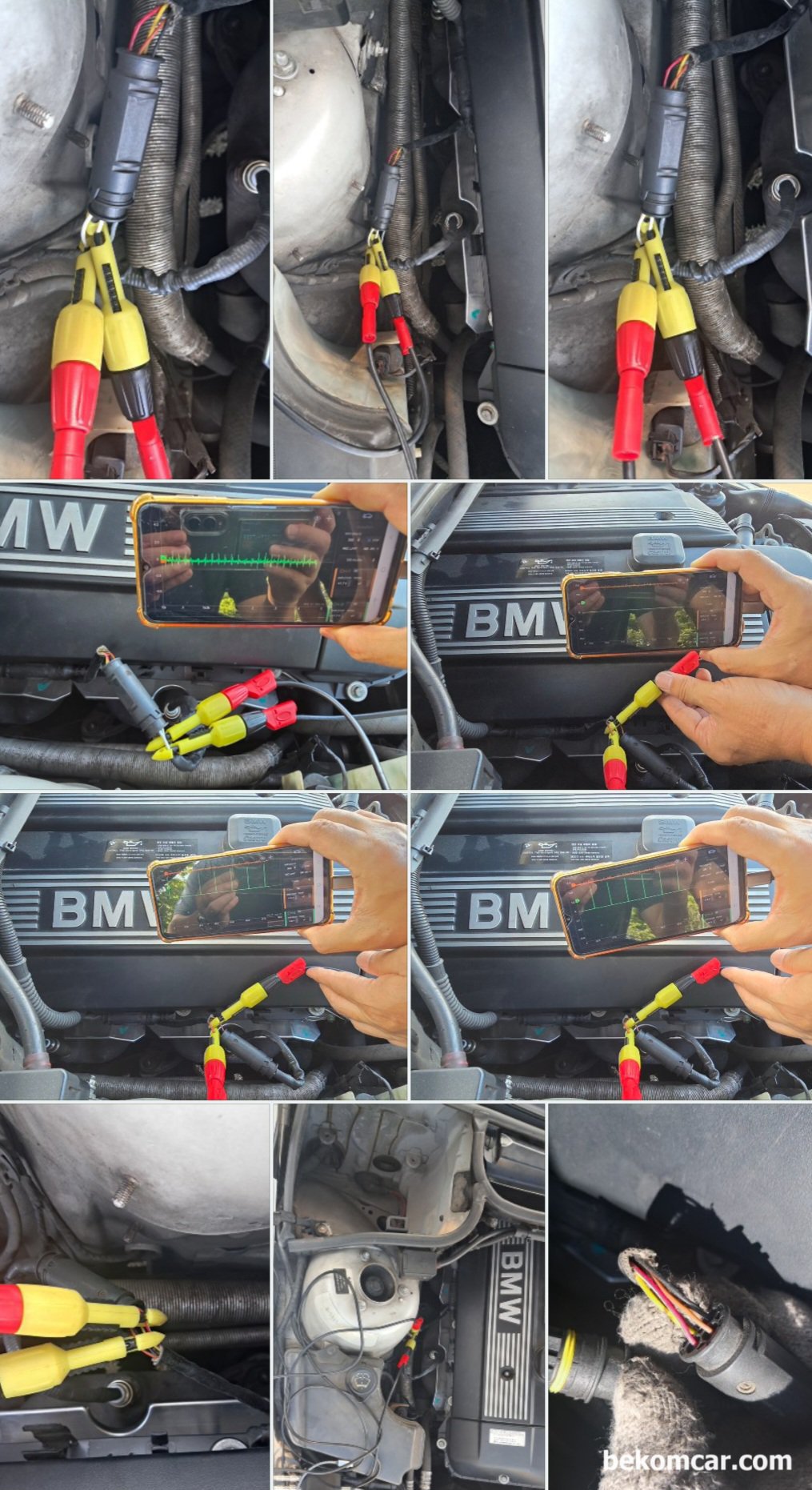 BMW E46 325i 종합검사 질소산화물 과다 불합격, 진단과정 기록, BMW E46 325i 종합검사 질소산화물 과다 불합격, 진단과정 기록으로 산소센서1번의 4개 와이어 구분하여 우선 히터코어 파형을 측정해본다. 멀쩡하다고 어느정도 시간이 지나면 시스템 배터리 전압에서 푹 떨어져서 약 7.0V 이하로 떨어진다. 산소센서 고장이 또 한번 확인되는 순간이다. 간헐적인 증상 등은 오실로스코프등 정밀진단 측정 장비를 사용하는 것이 더 좋다.|贝科姆汽车 (bekomcar)