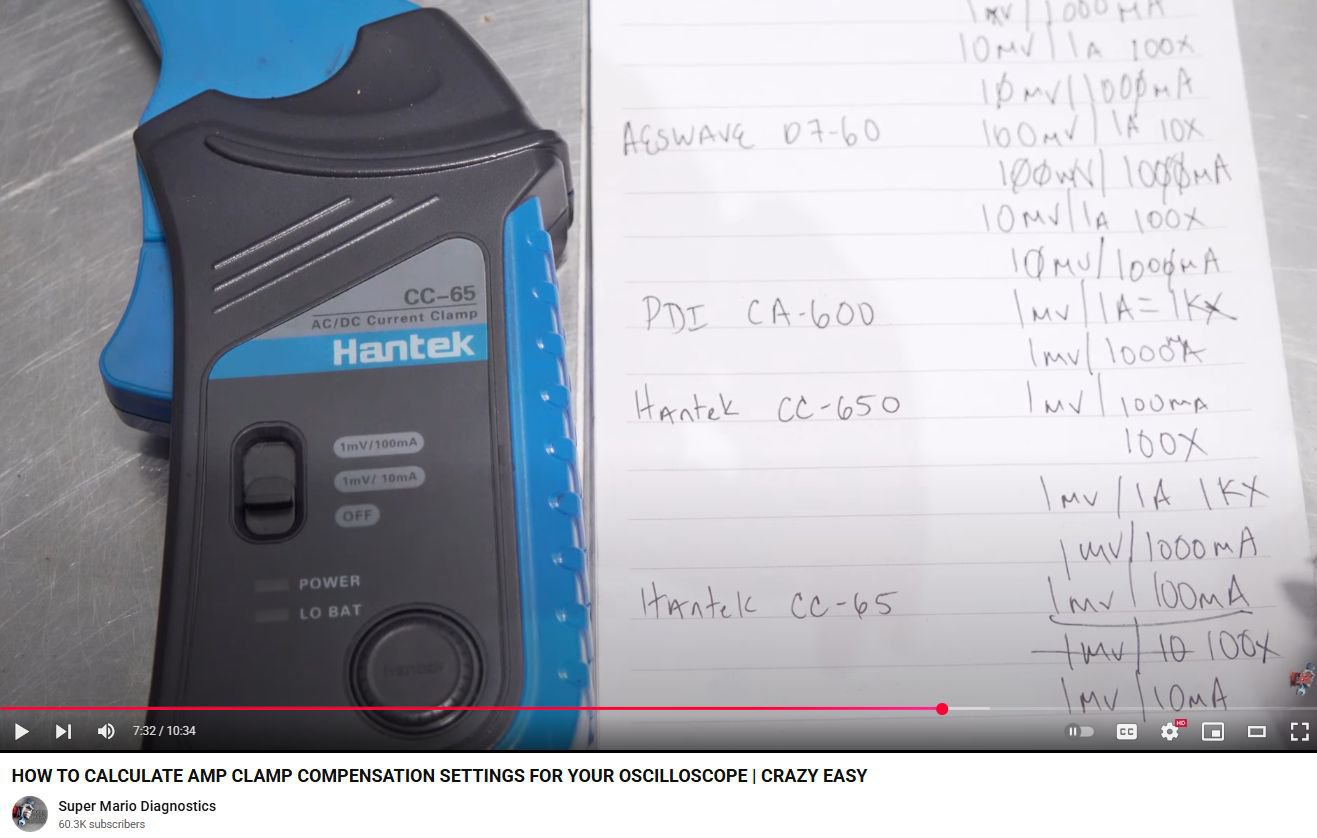한텍 전류계 CC65 & CC650 오실로스코프 세팅시 주의점, Credit: https://www.youtube.com/watch?v=iNtjQ4E50k8&t=204s 같은 Hantek 사 전류계 제품이라도 세팅 단위가 다르다. 꼭 구입한 제품에 적혀 있는 V/A 비율을 참고해야 한다.|베콤카 차량정밀진단