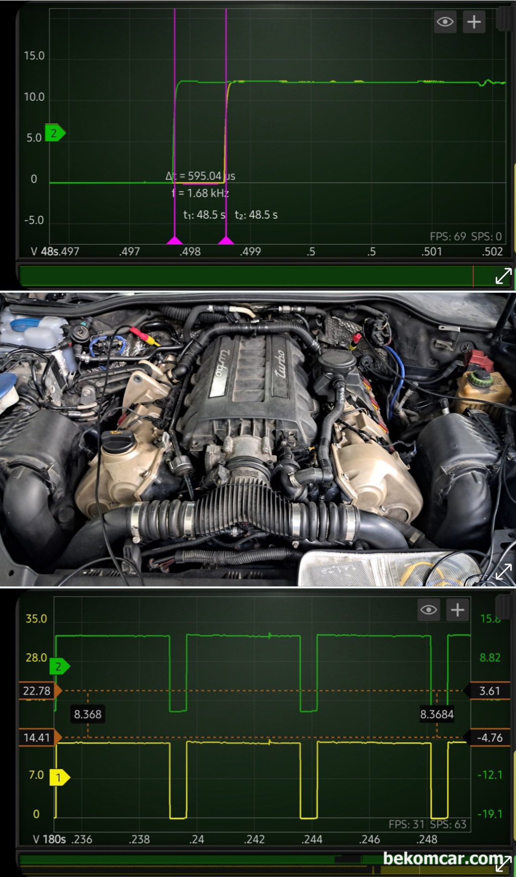 정비사 동료 경험과 지혜 총 동원, 고장코드 해결중, 카이엔 V8 4.8L P0016 타이밍 고장코드 파형데이터 수집 및 분석과정이다. 이번 경우는 ECM 과 다양한 가변밸브기술 및 여러변수가 겹친경우다.|بيكومكار  (bekomcar)