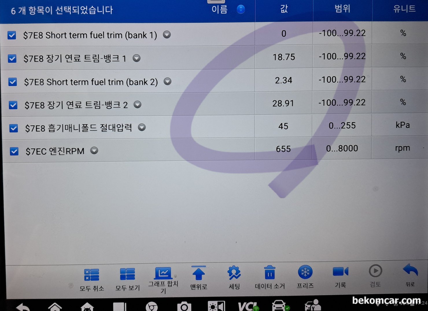 2012 BMW Z4 N54 실화 및 냉간시 부조 기초진단 기록, BMW Z4 2012년 실화 및 부조 기초진단 자료이다. 뱅크1이 19%정도 그리고 뱅크2가 29% 정도장기연료보정값이 즉정된다. 상당한 희박상태이다. 당연시 진단기 스캔하면 P0174 공연비희박 고장코드가 있다.|베콤카 차량정밀진단
