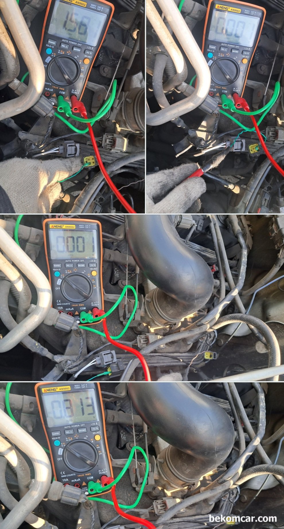 지프 랭글러 TJ P0153 산소센서1번 응답속도 느림 고장코드 진단결과 ECM 교체요, 지프 랭글러 TJ P0153 뱅크2 산소센서1번 응답 느림 진단 과정이다. 산소센서1번의 1 2 3 4 번 핀의 전압 및 저항등을 측정하면서 P0153 고장코드 원인을 찾아낸다. 알려진바로는 산소센서고장, 배선문제, 외부공기리크, 인테이크공기 리크 등이다. 하지만 진단결과 ECM 이 5.0V 전압 공급을 해 주지 못하는것으로 확인된다. ECM에는 파워 및 그라운드 공급은 잘 되고 있다.|بيكومكار  (bekomcar)