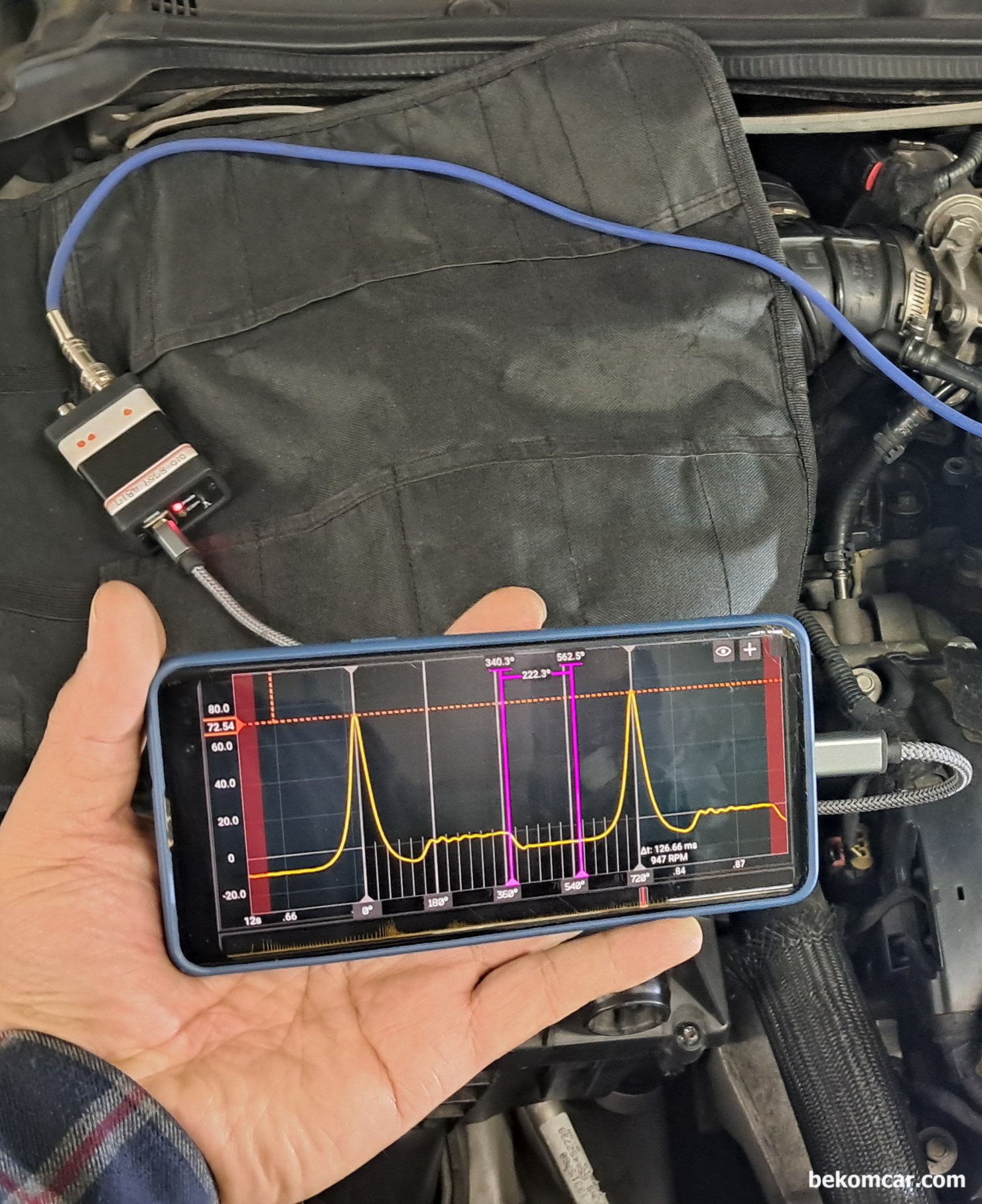 HS512Max 오실로스코프 액션, GM대우 알페온 V6 3.0L 진단사례, GM대우 알페온 P0420 P0430 실화등 엔진 진단에 512Max 오실로스코프 와 ROTKEE의 실린더압축압력센서 PS16을 사용했다. HS512Max 스코프는 자동차용 프로그램도 제공되며 수학채널에 12Bit를 지원하여 정비소에서 가장 필요로 하는 기능을 가장쉽게 사용할 수 있게 했다. 이번에도 안드로이드 폰 에서 쉽게 실린더압축 압력 측정을 했다. 흡기밸브, 배기밸브 ,캠 새포트, 양정, 타이밍, 피스톤 링, 밸브 시팅 등 엔진내 기계적 상태진단에 필수측정 장비이다.|بيكومكار (bekomcar)