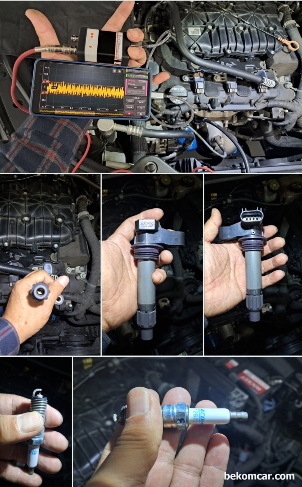 HS512Max 오실로스코프 액션, GM대우 알페온 V6 3.0L 진단사례, Loren (martinloren.com)의 자동차전용 2채널 12Bit 오실로스코프 와 ROTKEE 의 피에조 펄스센서를 이용하여 딥 스틱에서 크랭크케이스 압력변화를 측정하고 있다. V6임을 감안하면 피스톤 링 리크는 없는 것으로 진단한다. 점화코일 및 점화플러그 상태도 특이사항 없다. 진단 차량은 GM대우 2013년 알페온3.0L 이다.|بيكومكار (bekomcar)