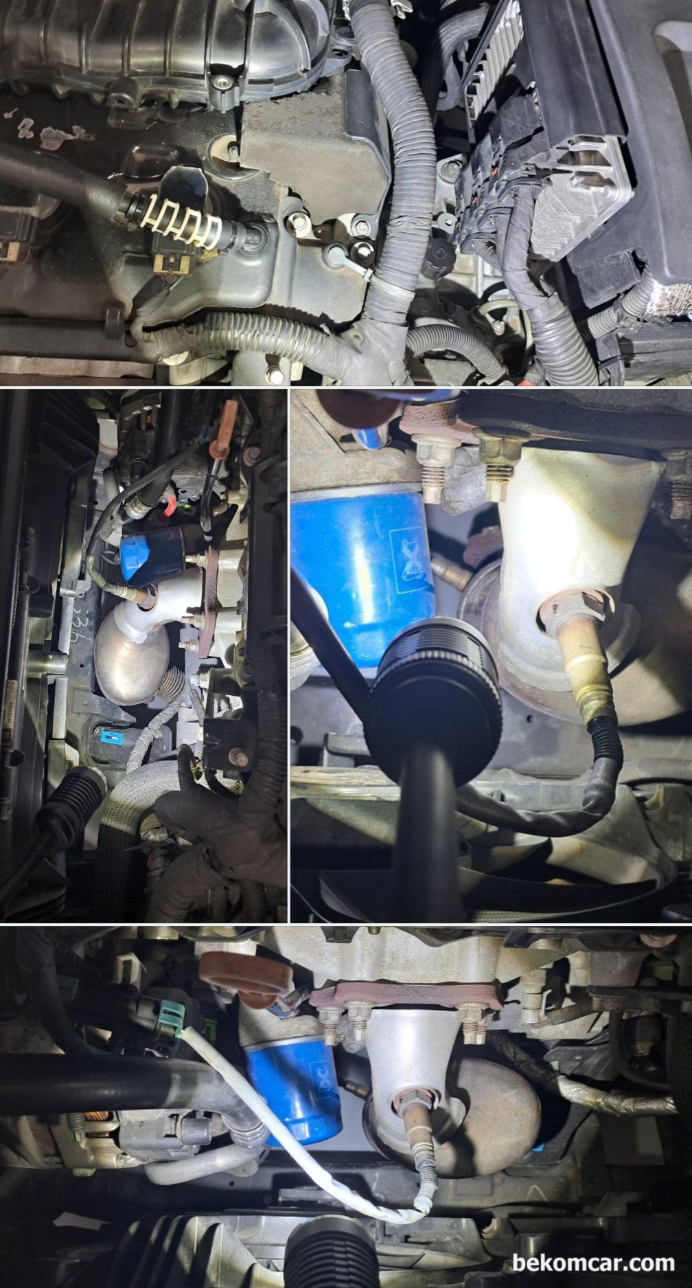 HS512Max 오실로스코프 액션, GM대우 알페온 V6 3.0L 진단사례, GM대우 2013년 알페온3.0L 촉매효율저하 P0420 P0430 진단 기록이다. 뱅크2 촉매의 접근성은 좋다. 촉매전 산소센서1번 (AFR) 과 촉매후단 산소센서가 확인된다. 다행히 고착등 현상은 없느듯 하다.|بيكومكار (bekomcar)