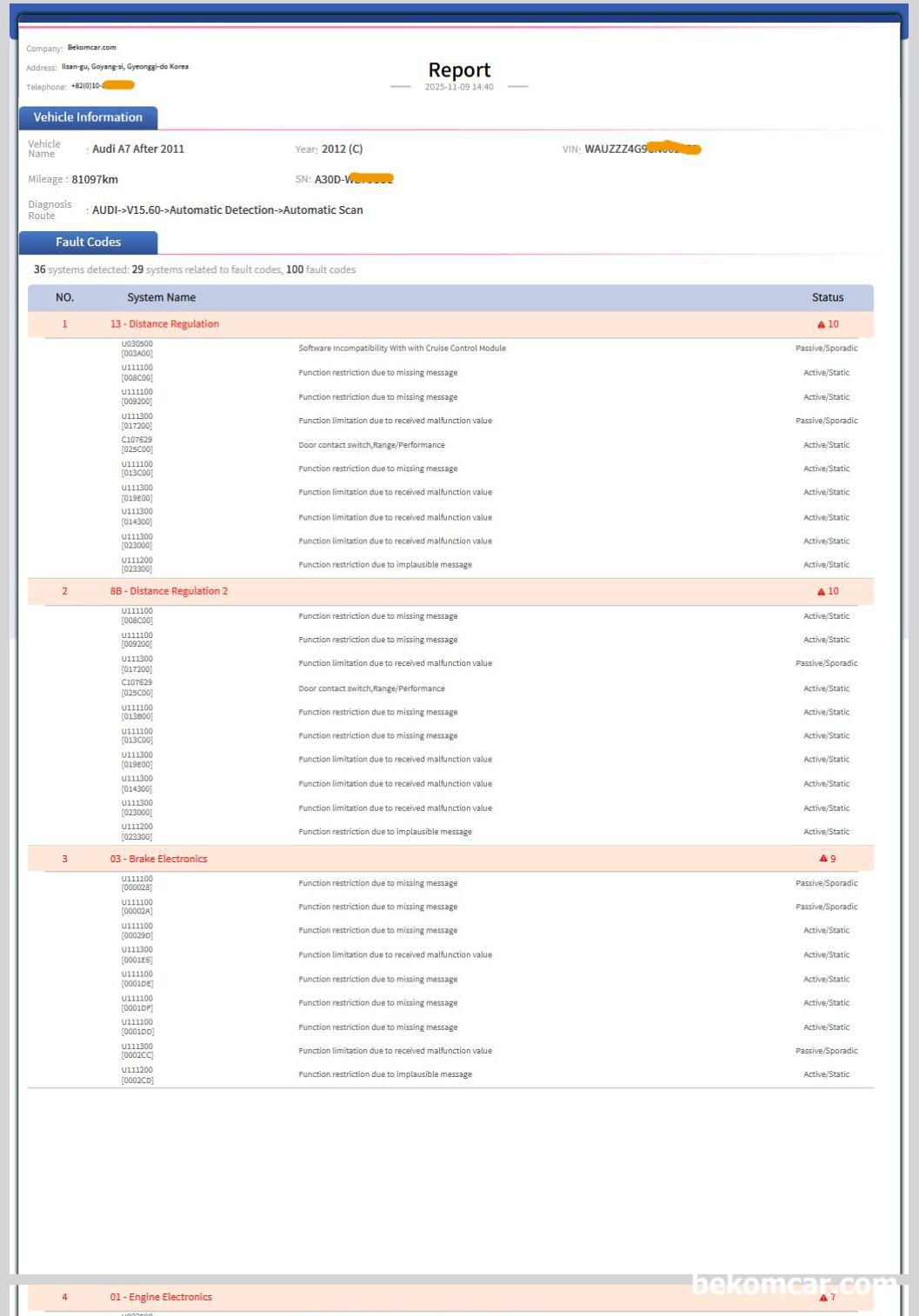 아우디 A7 콰트로 V6 3.0L TFSI CGXB 엔진, 캔 통신 고장코드 기본 점검기록, 아우디 A7 콰트로 V6 3.0L TFSI CGXB 엔진, 캔 통신 고장코드 기본 점검기록으로 스캔자료 1/3 이다. U*관련 고장코드가 잔뜩나온다. 대충 100개 고장코드 이다.|bekomcar.com