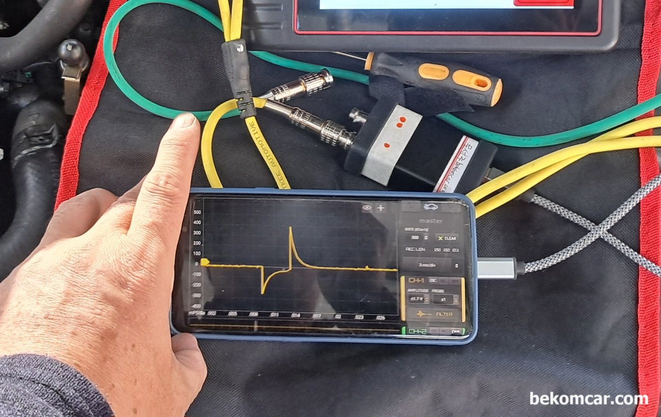 2006년 르노삼성 SM7 2.3L V6 P0303 실화진단 (점화2차파형, 점화코일. 플러그), 2006년 르노삼성 SM7 2.3L V6 P0303 실화진단 과정 기록, 점화2차 파형분석을 보면 점화코일 및 점화플러그 부분에서 전형적인 코일이나 플러그 고장파형이다.|بيكومكار (bekomcar)