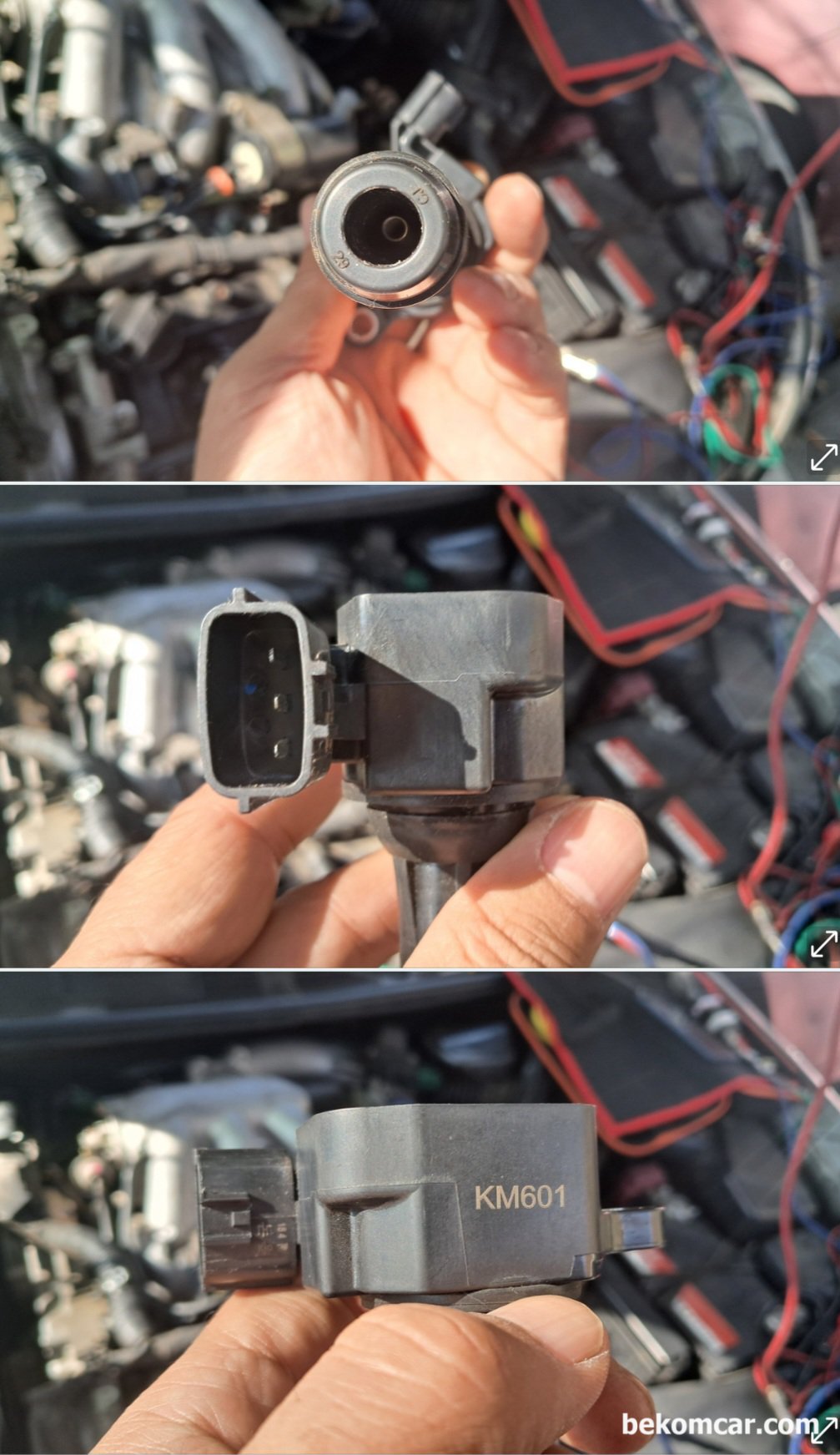 2006년 르노삼성 SM7 2.3L V6 P0303 실화진단 (점화2차파형, 점화코일. 플러그), 2006년 르노삼성 SM7 2.3L V6 P0303 실화진단 과정 기록이다. 새로 교환한 점화코일 점화플러그 파형이 고장으로 측정되어, 점화코일 과 플러그를 육안점검 해 본다. 일단 상당히 느슨하게 장착되어있고 점화코일을 살펴보니 '중국' 이라고 한글로 적혀있고 KM601 이라고 적혀있다. 순정이나 OEM 점화코일이 아니다. 이런경우 시간문제이지 꼭 실화가 발생하면서 운 없으면 엔진쪽 데미지 줄 수 도 있다. 점화코일과 점화플러그는 매우 중요한 부품이니 꼭 순정이나 OEM을 사용하는것이 돈 아끼는 길이다.|بيكومكار (bekomcar)