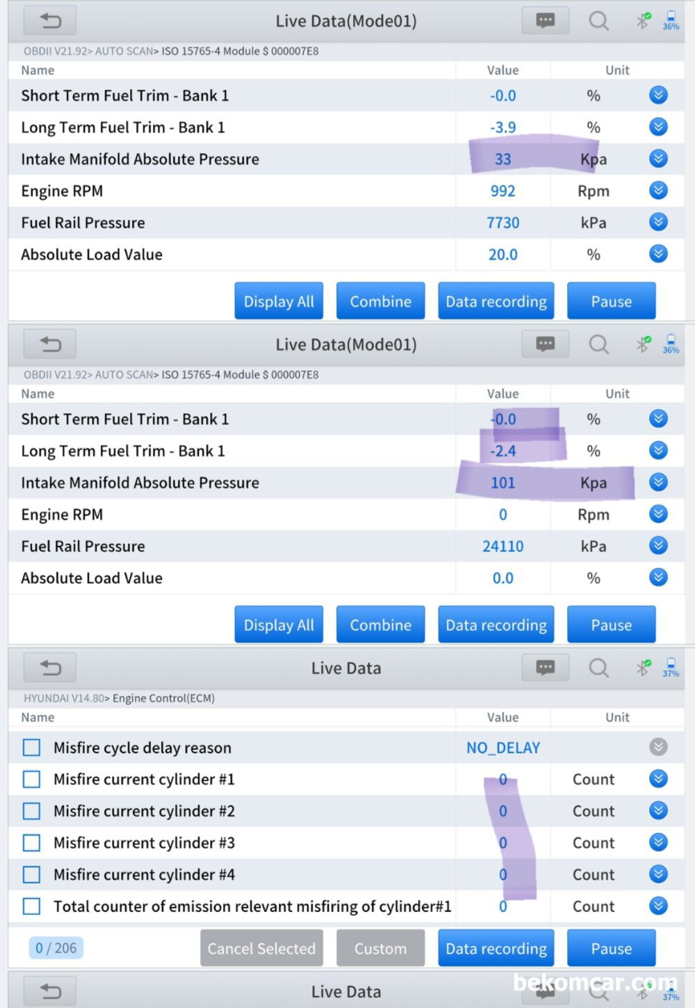현대자동차 아반떼 AD 엔진점검 압축압력파형등 기록, 현대자동차 아반떼 AD 전체 시스템 진단|ベコムカー (bekomcar)