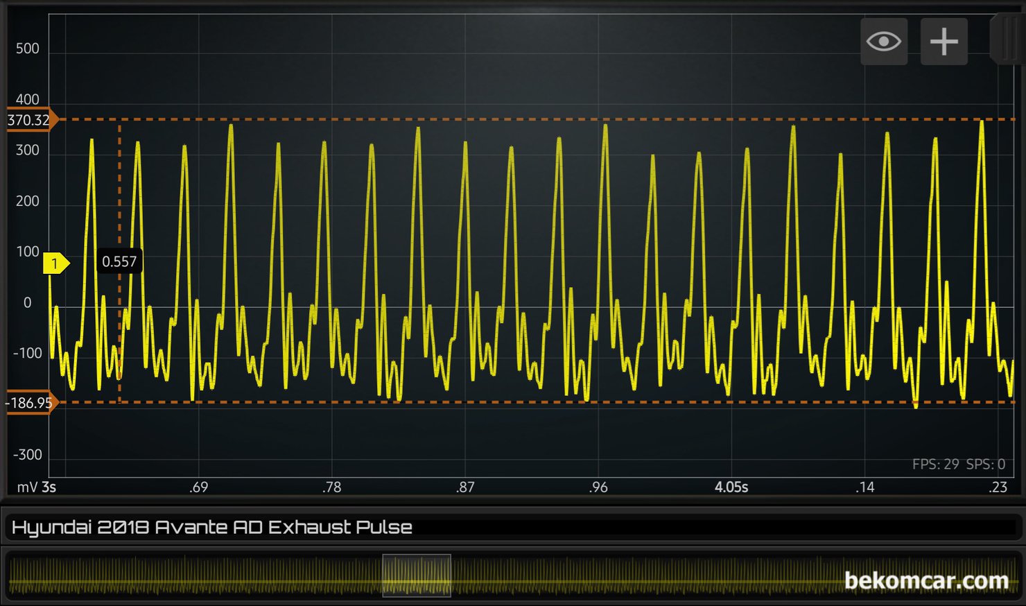현대자동차 아반떼 AD 엔진점검 압축압력파형등 기록, 현대자동차 아반떼 AD 엔진점검 중 배기밸브 펄스 측정으로 한 개 실린더에서 약간의 특이점이 측정된다.|ベコムカー (bekomcar)