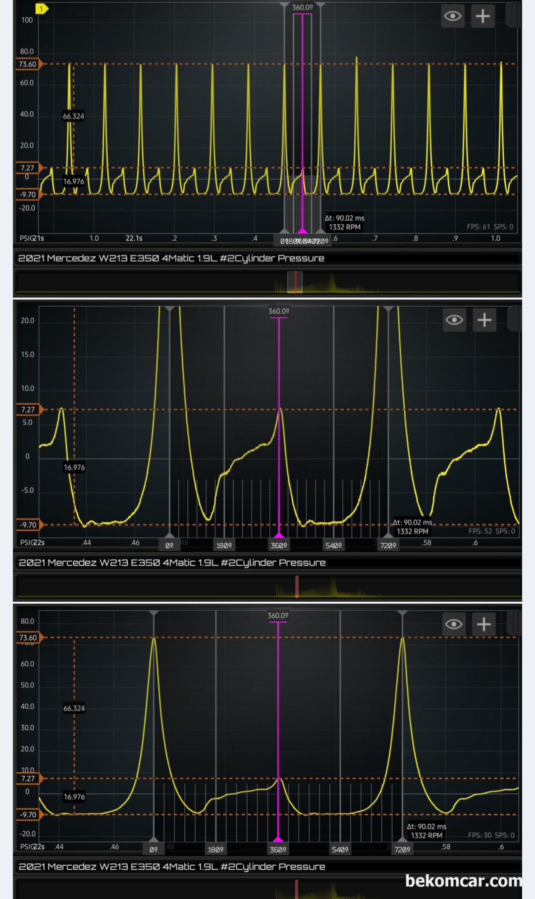벤츠 M264엔진 (W213 E350) 엔진의 CAMTRONIC VVT 특징이 뭔가요?, 베콤카 중고차구매전 점검 서비스 기록중 엔진쪽 파형기록이다. 측정 차량은 벤츠 2021 W213.086 M264 TGDI 4MATIC 이다. 엔진 특성을 모르고 이 파형을 분석하면 오진 확율이 높아진다. 현대기아, 혼다, 벤츠, BMW, 포르쉐 등 대부분의 자동차 제조사는 각 기 다른 VVT 가변밸브 시스템을 사용한다. 방법론은 다르지만 목표는 다 똑 같다 - 공기조절을 통한 출력이나 배기가스 등 관리를 하는것이다.|베콤카 차량정밀진단