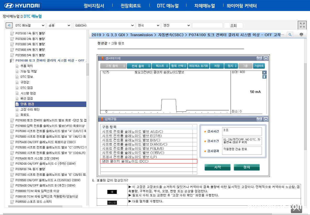 2019년 현대자동차 G80 3.3GDI 고장코드가 P0741 떠서 미션교환 해야한다고 합니다. 비용이 3백만원 이라서 걱정입니다., 출처 https://gsw.hyundai.com 정비메뉴얼 화면으로 2019년 현대자동차 G80 고장코드가 P0741 관련 점검시에 참고하도록 한다.|ベコムカー (bekomcar)