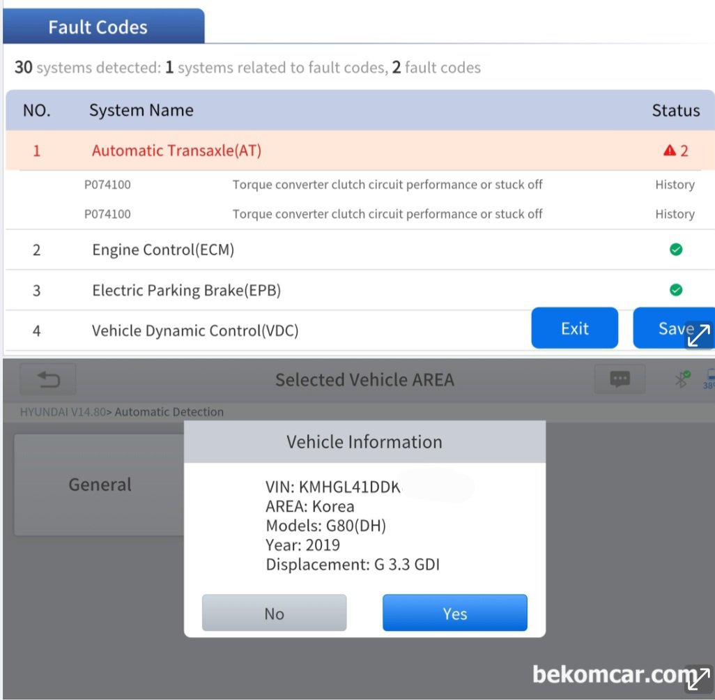 2019년 현대자동차 G80 3.3GDI 고장코드가 P0741 떠서 미션교환 해야한다고 합니다. 비용이 3백만원 이라서 걱정입니다., 현대자동차 G80 DH 2019년 3.3GDI 차량의 미션쪽 고장코드 'P074100 Torque converter clutch circuit performance or stuck off' 가 스캔된다. Status는 History 이고 현재의 고장코드는 아니다.|ベコムカー (bekomcar)