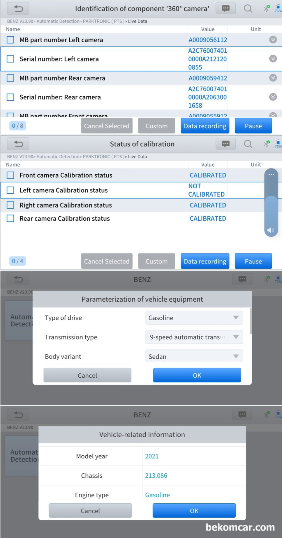 범생이 벤츠 2021년 W213 E350 KCAR 중고차 구매전 점검, 최종 구매로 이어짐, 벤츠 E350 2021 중고차 구매전 점검과정 에서 진단기 고장코드 확인사항이다. 62개? 인가의 모듈에서 360도 카메라 고장코드 관련 확인이다. 다행히 벤츠 정품 카메라등을 사용하고 있는것으로 확인된다. 다만, 카메라 보정 (Calibration) 작업이 안 된것 같다. 카메라 보정작업은 심감한것이 아닌것으로 추후 딜러나 정비소에서 보정하면 된다.|贝科姆汽车 (bekomcar)