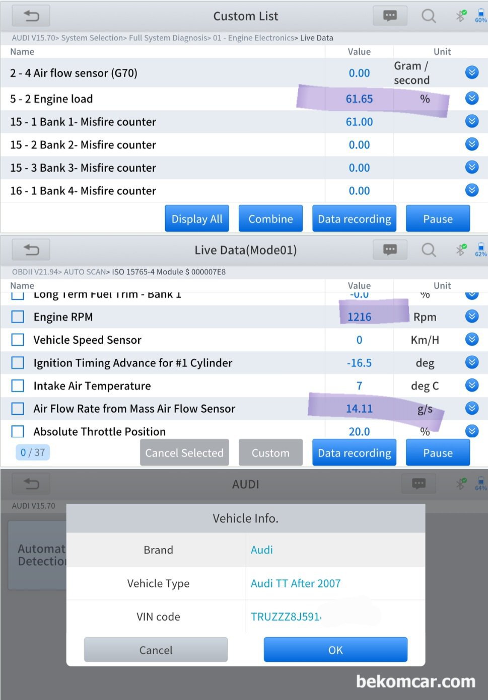 아우디 TTS COUPE QUATTRO MK2 실화 점검기록, 아우디 TTS COUPE QUATTRO MK2 실화 점검기록, 아이들시 엔진부하가 61.65% 그리고 14.11g/s MAF값이 측정되고 있다.|贝科姆汽车 (bekomcar)