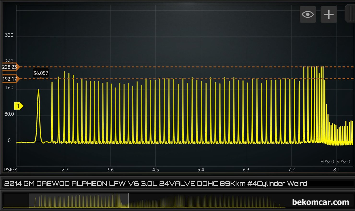 실린더압축압력 파형 측정방법 및 분석시 참고사항, GM대우 알페온 3.0L V6 GDI 중고차구입, 베콤카 측정차량은 중고차로 구입한 GM대우 알페온 3.0L V6 GDI LFW 차량이다. 시동후 아이들시 엔진압축압력이 약 192PSI정도 그리고 WOT 급가속시 약 228PSI까지 측정되기도 한다. 오류일까? 아닐까? 엔진컴퓨터가 의도적으로 이렇게 제어하는 경우도 있다.|بيكومكار  (bekomcar)