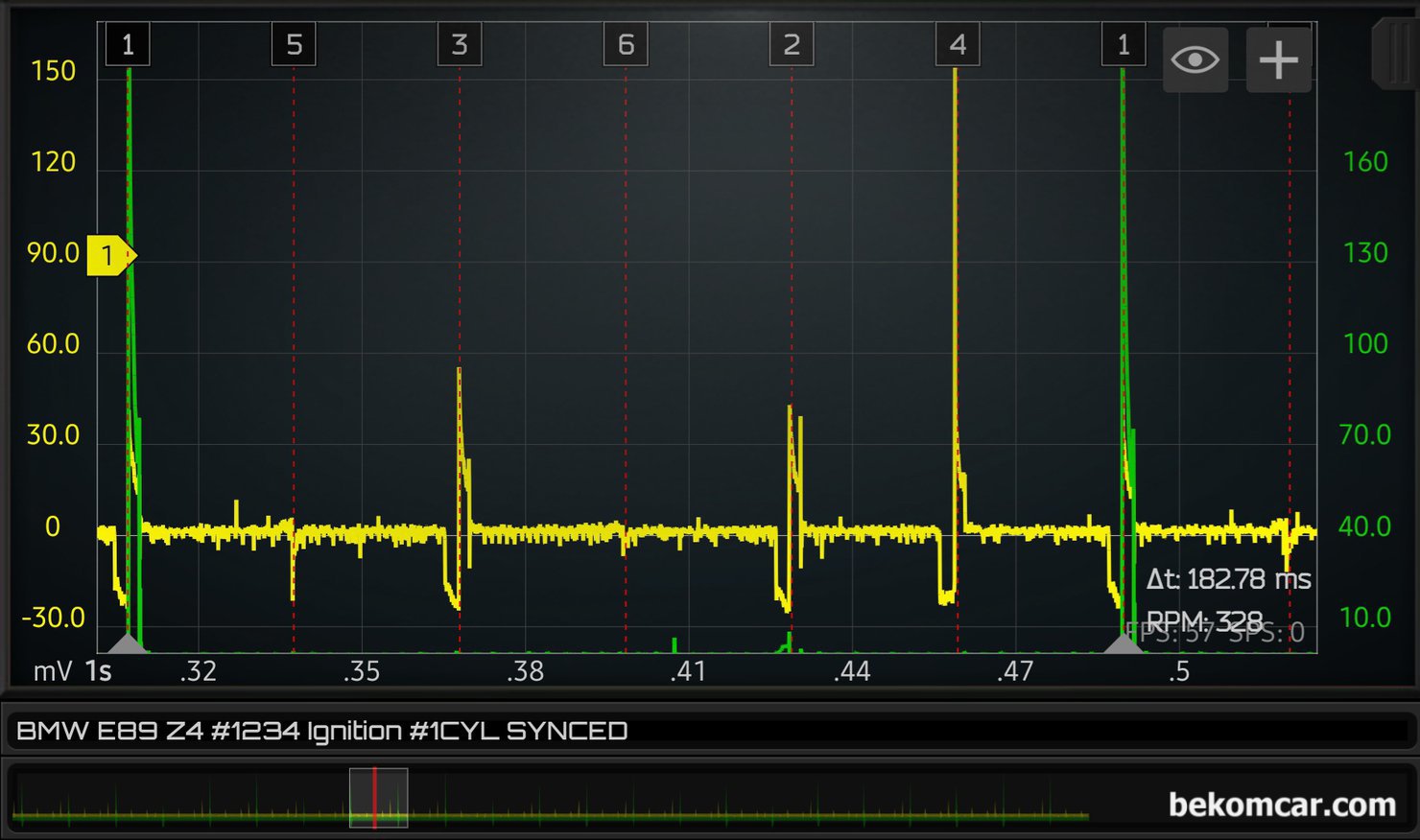 BMW E89 Z4 엔진기본 점검기록, 점화파형, 배기펄스, 인젝터 측정, BMW E89 Z4 인라인 6기통 엔진 점화2차 파형을 한 점화 싸이클 기준으로 살펴본다. 이제는 선명하게 5번과 6번 실린더 점화파형이 없다. 교육과정중에 일부러 1~4번 실린더에서만 점화파형을 측정하였기 때문이다. HS512Max는 2채널이지만, ROTKEE의 혁신적인 점화파형 측정장치를 이용하여 1채널에서 4개의 점화파형을 동시에 측정하였다. 점화순서는 1 5 3 6 2 4 실린더 이다.|bekomcar.com