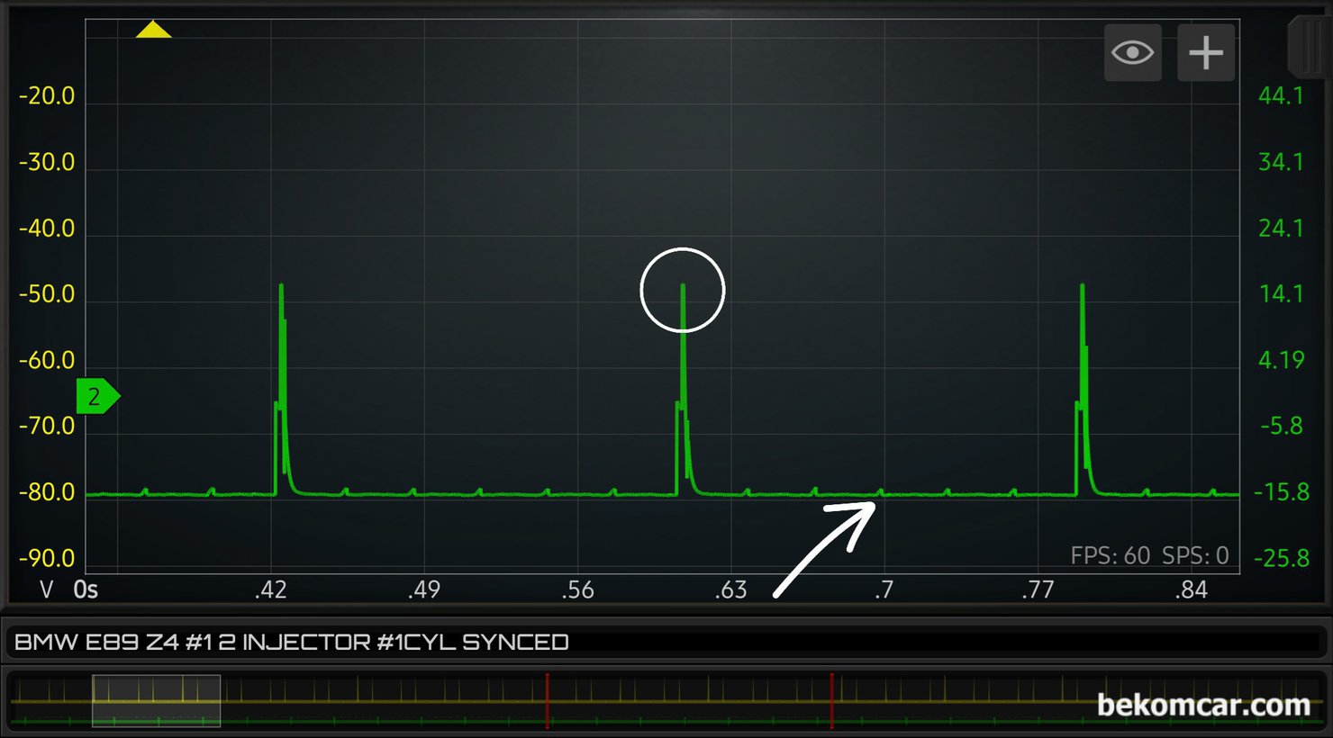 점화파형 싱크채널 실린더 파형정밀 분석, BMW Z4 측정사례, 1번 실린더 싱크 (채널2, 초록색), 1 2 번 실린더 인젝터터 파형측정. 파형은 2개의 점화싸이클을 기준으로 좀 더 확대하여 파형을 살펴본다. 베콤카 아카데미 미니워크샵 차량은 BMW E89 Z4 차량이다.|bekomcar.com