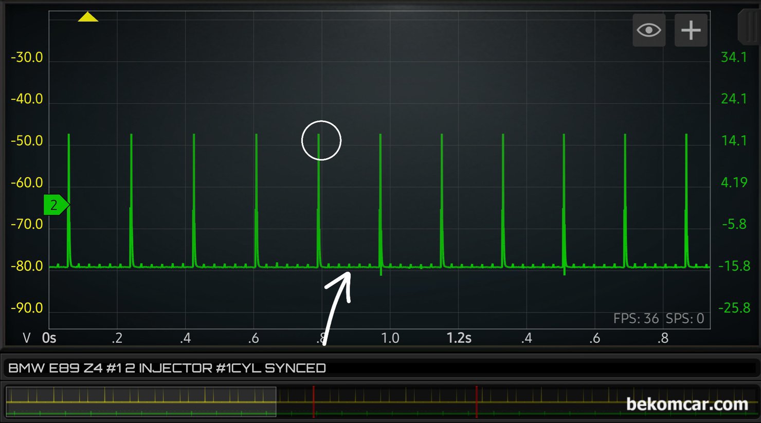 점화파형 싱크채널 실린더 파형정밀 분석, BMW Z4 측정사례, 1번 실린더 싱크 (채널2, 초록색), 1 2 번 실린더 인젝터터 파형측정. 파형은 싱크채널만 따로 빼서 살펴보는중. 포인트는 초록색 점화싱크 채널, 한 점화 싸이클을 보여주는데 화살표 부분에 미세한 꿈틀 흔적이 있음. 일단 인젝터는 무시하고. 베콤카 아카데미 미니워크샵 차량은 BMW E89 Z4 차량이다.|bekomcar.com
