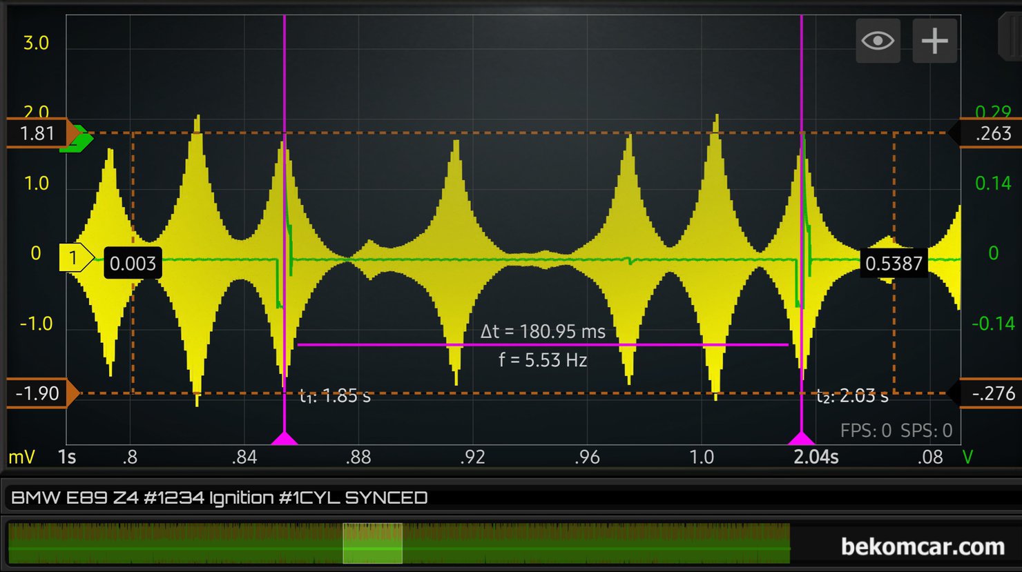 HS512Max 자동차전용 오실로스코프 활용사례, BMW Z4 점화상태  점검, 이번에는 점화코일 점화플러그 작동 상태를 진단하는데 파형을 좀 색 다르게 변환하여 살펴본다. 얼른 눈위뛰게 2군데 공간이 빈것이 확인된다. 실제 상황이었다면 바로 점화코일 작동이 되지 않는다는 의미이다. 하지만 베콤카 아카데미 실전교육 과정으로 5번과 6번 실린더 점화파형은 측정하지 않았다. 실전교육 차량은 BMW E89 Z4 인라인 6기통으로 점화순서는 1 5 3 6 2 4 실린더 이다.|bekomcar.com