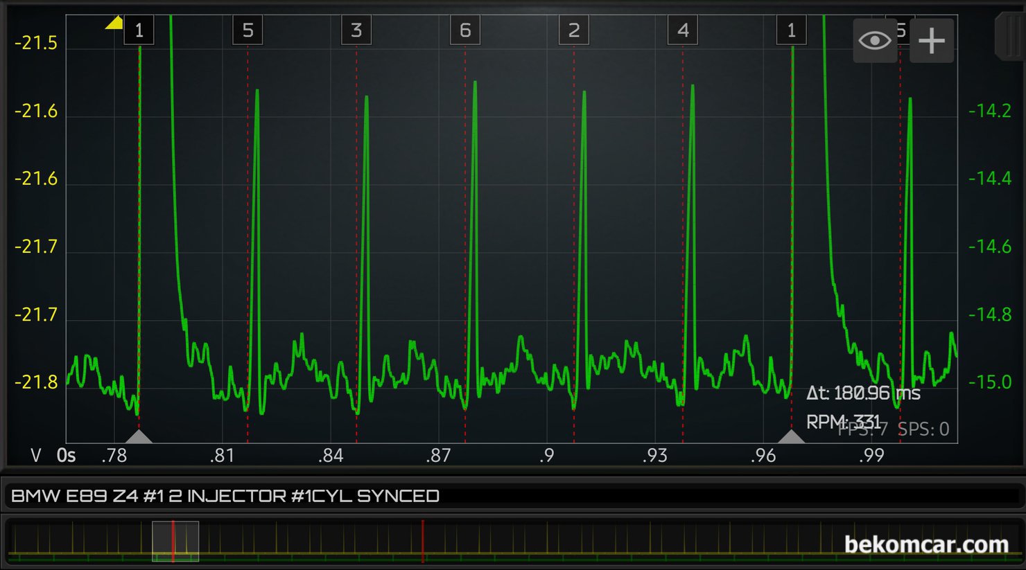 HS512Max 자동차전용 오실로스코프 활용사례, BMW Z4 점화상태  점검, 베콤카 아카데미 실전교육 차량은 BMW E89 Z4 인라인 6기통으로 점화순서는 1 5 3 6 2 4 실린더 이다. 이 파형은  HS512Max 자동차 전용 오실로스코프 로 측정되었다. 실제는 1번 실린더에 싱크채널로 연결한것인데, HS512Max의 뛰어난 기술력때문에 확대를 많이 많이 하게되면 실제는 점화파형을 측정하지 않는 실린더까지도 점화코일 플러그 동작상태 분석이 가능할 수 있다. 아주 미세한 전압변동까지 캡쳐하여 확대할 수 있기때문이다. 꼭 6개 실린더 전체를 측정한것으로 착각 할 수 있을정도 이다.|bekomcar.com