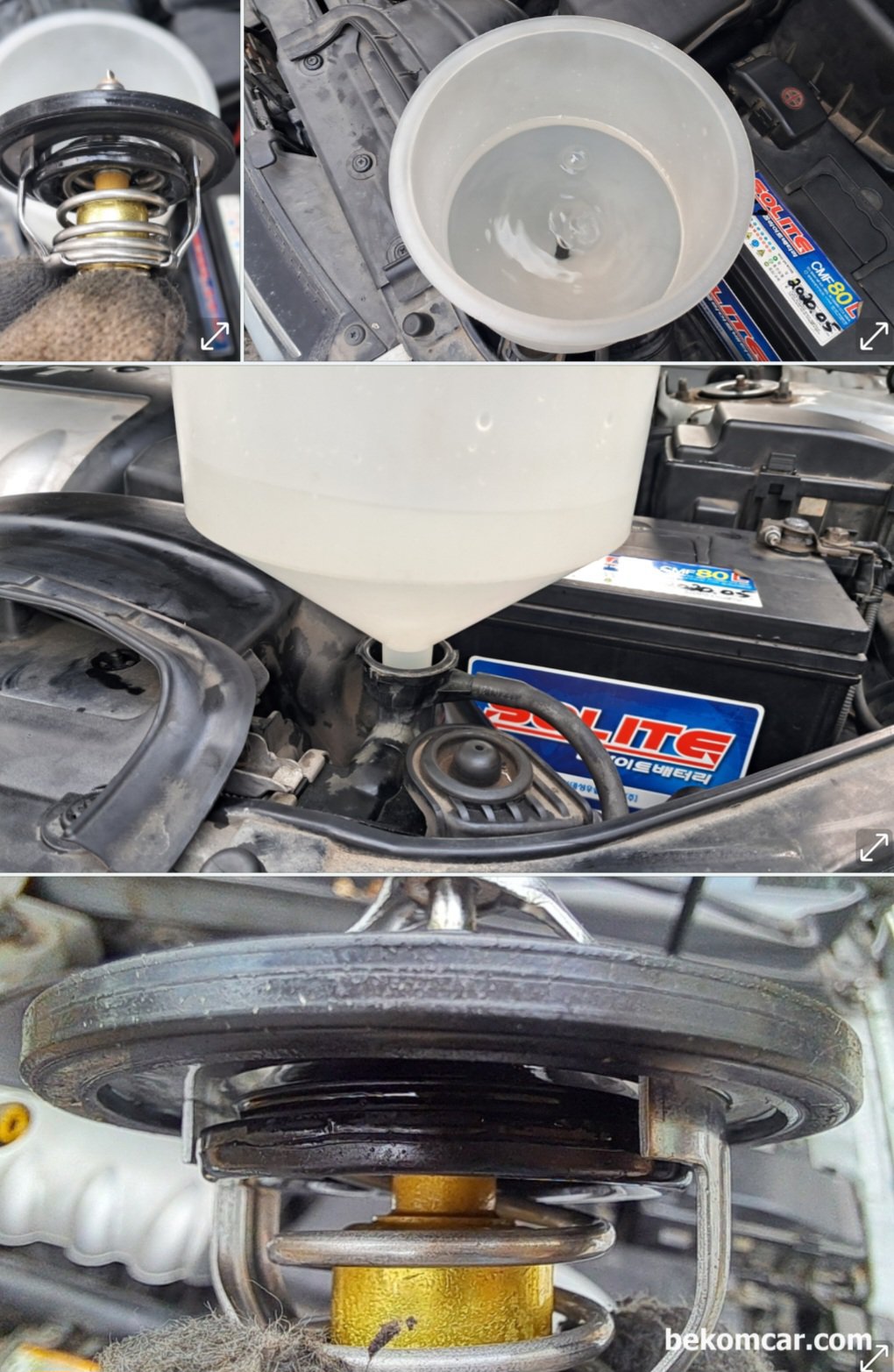 현대자동차 NF쏘나타 2.0L DOHC 2005년 써모스텟 교환작업, 냉각수 교환이나 써모스텟 교체 할 때 사용하는 깔때기 (Funnel) 이다. 국산차 수입차등 대부분 차량 아답터가 있다. NF 쏘나타의 경우 아답터 없이 그냥 꼽 으면 짝 맞아떨어진다. 써모스텟이 열림 고착상태이다.|bekomcar.com