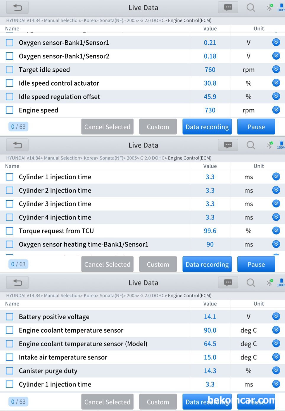 현대자동차 NF쏘나타 2.0L DOHC 2005년 써모스텟 교환작업, 현대자동차 NF쏘나타 2.0L DOHC 2005년 써모스텟 교환작업 후에 진단기로 냉각수 온도등을 확인한다. 아이들시 그리고 주행시험까지 한다. 진단기 온도 계기판 온도 등 모든것이 정상이다. 그런데, 촉매 하단 산소센서 2번 값이 좀 수상하다.|bekomcar.com