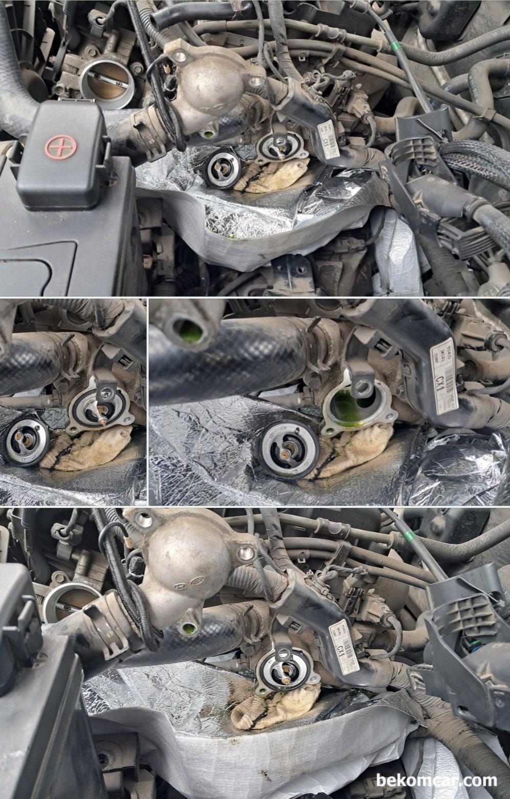 현대자동차 NF쏘나타 2.0L DOHC 2005년 써모스텟 교환작업, 현대자동차 NF쏘나타 2.0L DOHC 2005년 써모스텟 교환작업 과정 사진들이다. 특이사항은 없다. 진공방식이 아니라서 에어빼고 진단기로 온도확인 및 계기판 온도 그리고 뜨거운 바람등, 마지막 시험운행우 상태 확인 한다. 모두 정상이다.|bekomcar.com