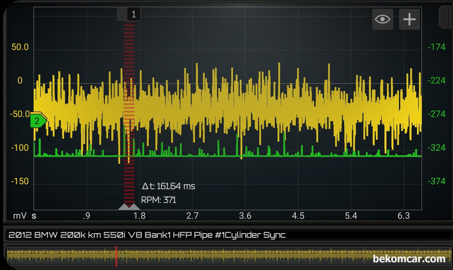 BMW 550i N63 V8 엔진 인젝터 분사량 압력 파형, 실화 & 부조 진단, BMW 550i N63 트윈터보 V8 엔진 인젝터 분사량 기본점검 파형이다. 인젝터는 . 엔진 부조, 실화, 출력부족, 공연비 농후, 공연비 희박의 원인이 되기도 한다. 초록색이 #1번 실린더 싱크채널이고 노란색이 8개 실린더 연료압력 차이 파형 이다.|bekomcar.com