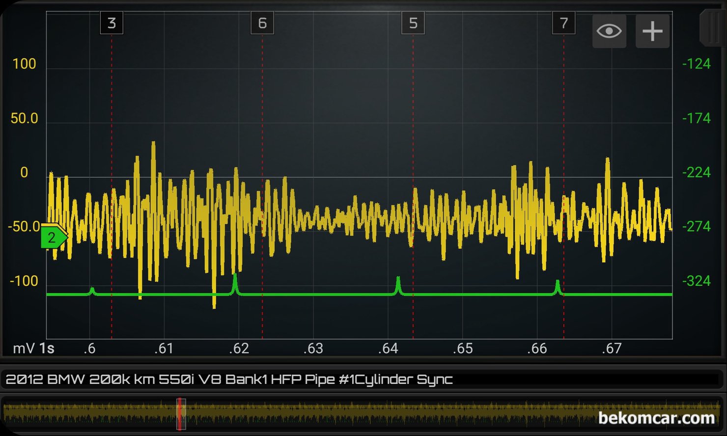 BMW 550i N63 V8 엔진 인젝터 분사량 압력 파형, 실화 & 부조 진단, BMW 550i N63 트윈터보 V8 엔진 인젝터 분사량 진단파형에서 3 6 5 7 번 실린더만 확대하여 인젝터 분사량 압력차이 파형을 분석한다. 5번 인젝터 분사량 압력이 확실하게 상대적으로 적게 측정되고 있다.|bekomcar.com