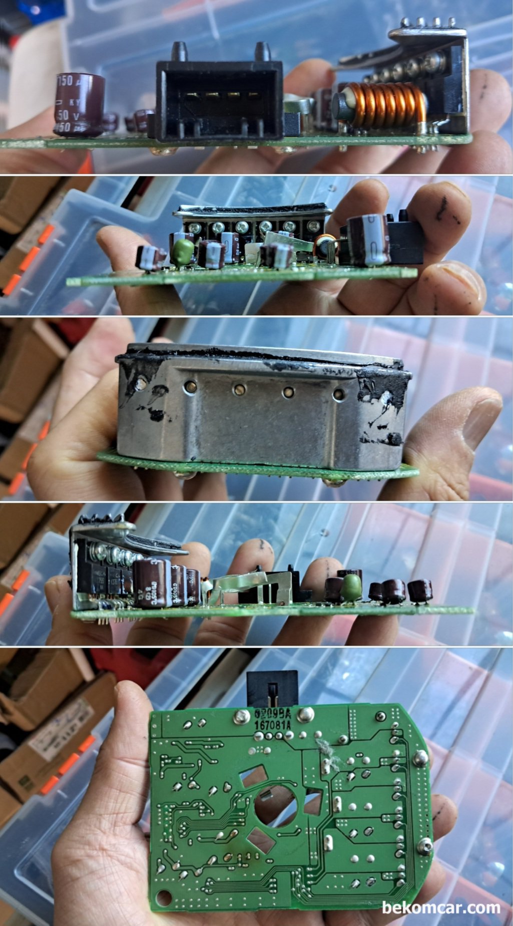 혼다 시빅 8세대 하이브리드 IMA IPU팬모터, P1634 충전불가 고장코드, 8세대 혼다 시빅 하이브리드 IMA IPU팬모터 모듈 을 여러 각도에서 찍어둔 자료사진이다. 3상 모터의 전형적인 형태를 가지고 있으며 VALEO에서 혼다에 납품한것 으로 판단된다.  UVW 제어 TR이 6개가 있다. U1 U2, V1 V2, W1 W2 로 구성되어 있다. 12V 배터리가 충전되지 않는 현상으로  P1634 고장코드가 있는경우이다.|ベコムカー (bekomcar)