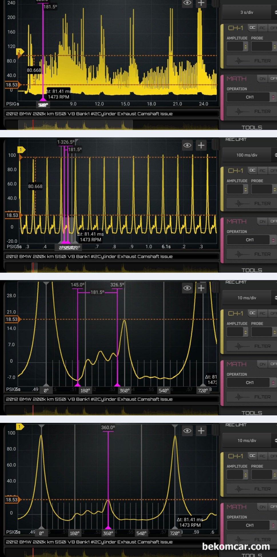 수출용 BMW 550i N63 V8 차량 출장 엔진정밀 진단사례, 수출용 BMW 550i N63 V8 차량 출장 엔진 정밀진단 과정이다. 실린더압축압력센서 (In Cylinder Pressure Transducer) 파형분석을 통하여 엔진의 기계적 고장상태 진단이 가능하다. 엔진 분해없이 공기체적 이동 분석으로 밸브시팅, 엔진타이밍, 흡기밸브, 배기밸브, 피스톤 실린더 상태, 촉매막힘 등 상당히 정확한 진단이 가능하다. 이번에 진단한 BMW 550i N64B 엔진의 파형으로 엔진상태를 바로 알 수 있다.|贝科姆汽车 (bekomcar)