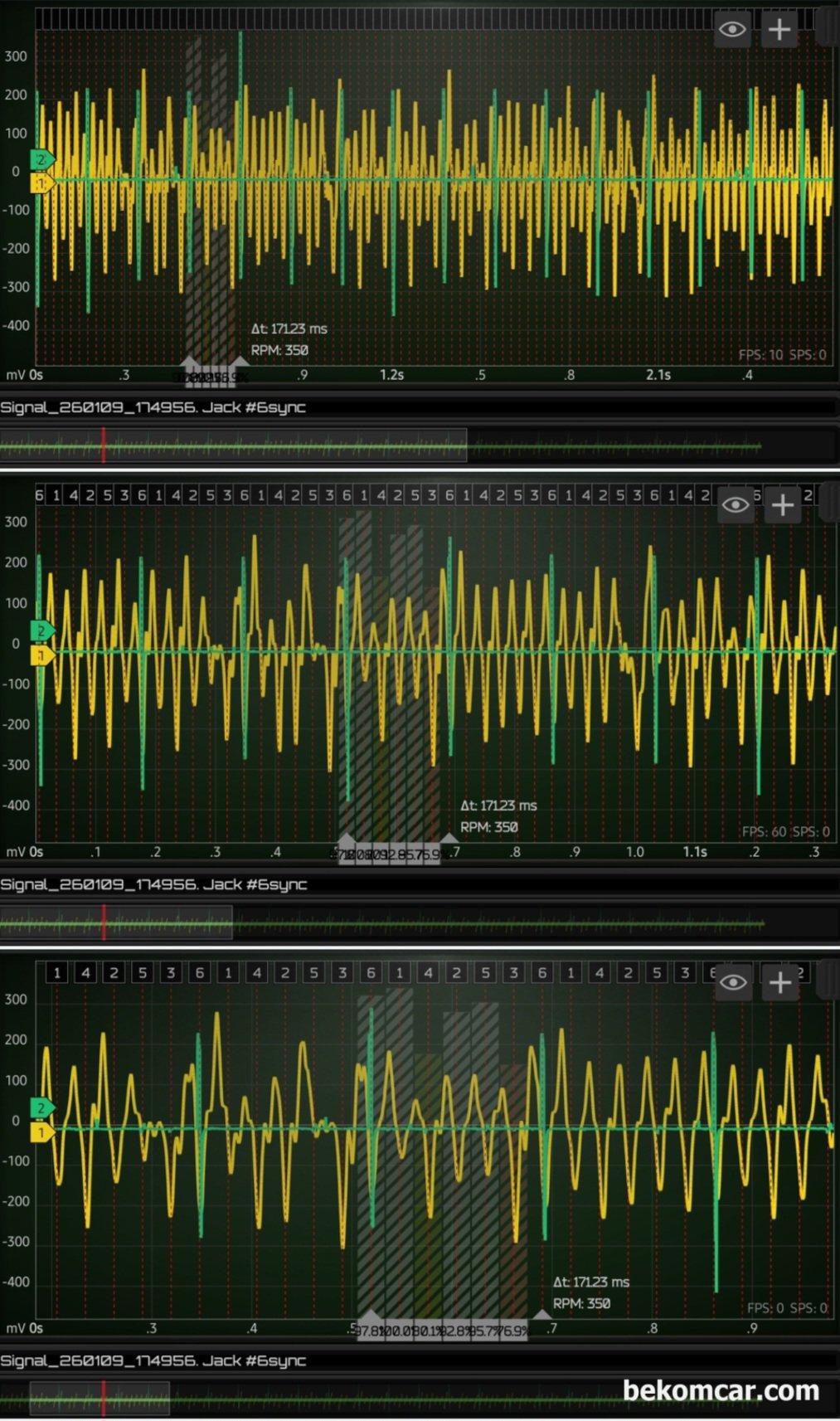 2012 혼다 어코드 V6 VCM엔진 실화고장코드 P0300 P0303 진단기록, 2012 혼다 어코드 V6 VCM엔진 실화고장코드 P0300 P0303 진단기록 중 오실로스코프와 배기펄스 파형을 분석을 통하여 실화 실린더를 재 확인한다. 실화의 의미는 정상적인 토크가 생성되지 못 하는 것이고 이런 경우 배기펄스 파형에서 확연히 구분된다. 측정은 HS512Max 오실로스코프 와 ROTKEE PDS 펄스센서를 이용하였다. 싱크 채널은 6번 실린더 이다.|贝科姆汽车 (bekomcar)